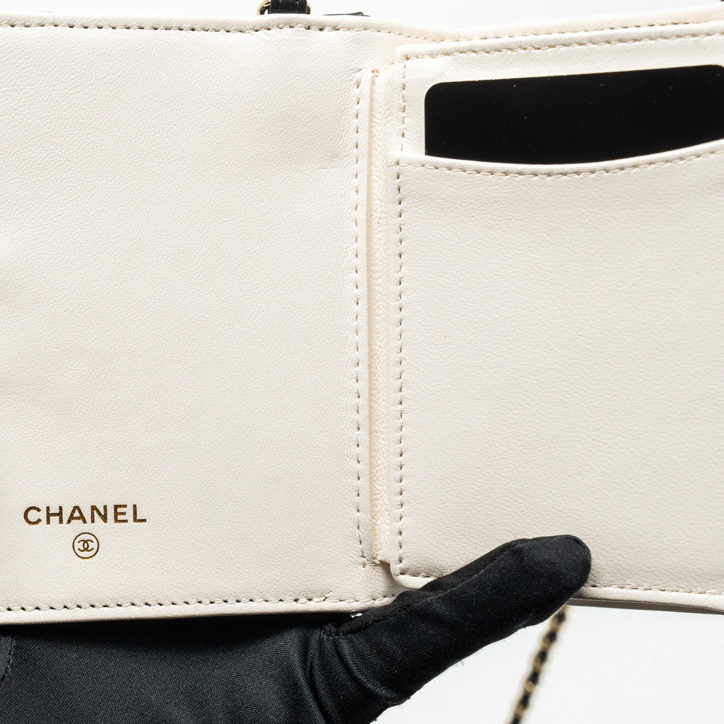 CHANEL MINI BOOK CARD HOLDER WITH CHAIN LAMBSKIN BLACK LGHW (MICROCHIP)