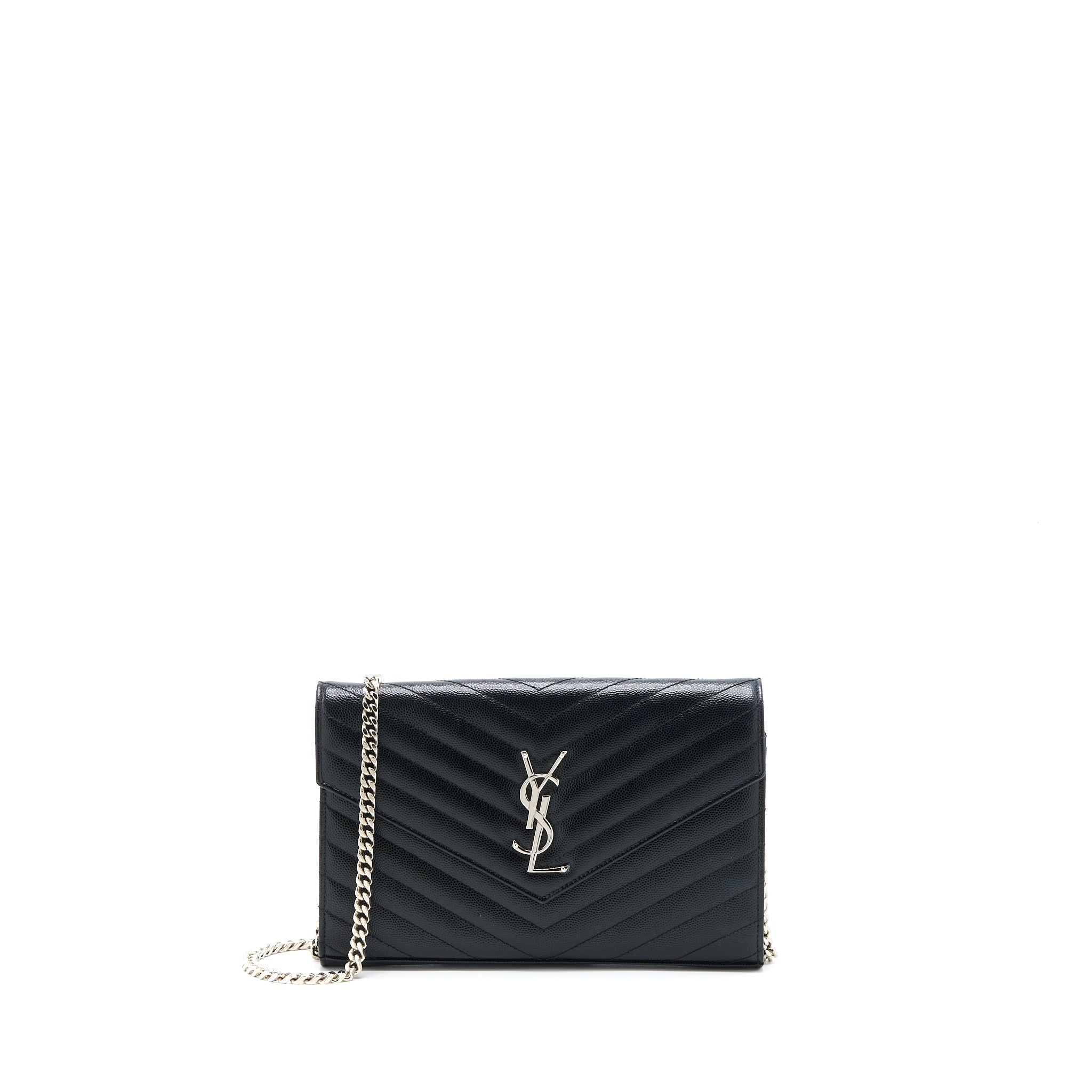 SAINT LAURENT ENVELOP CHAIN WALLET GRAINED CALFSKIN BLACK SHW