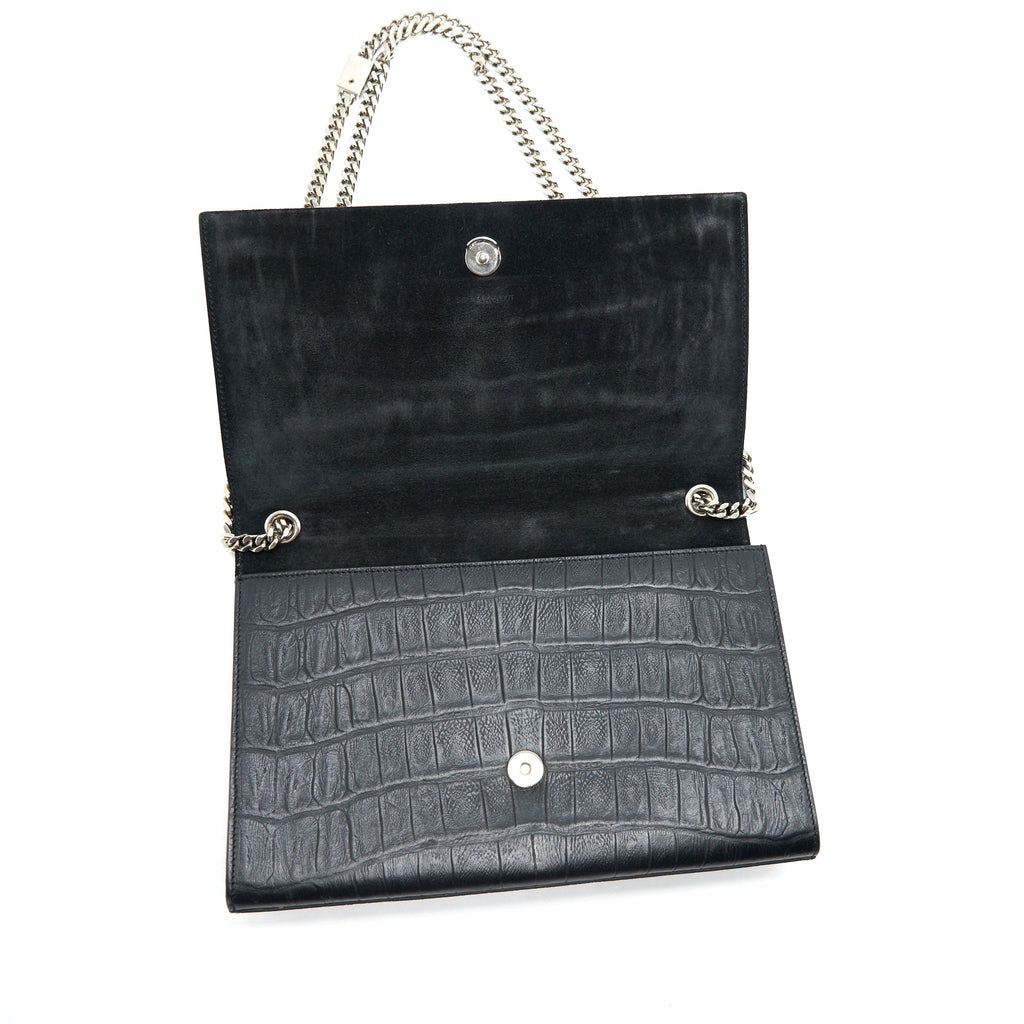 SAINT LAURENT MEDIUM KATE WITH TASSEL CROC EMBOSSED CALFSKIN BLACK SHW