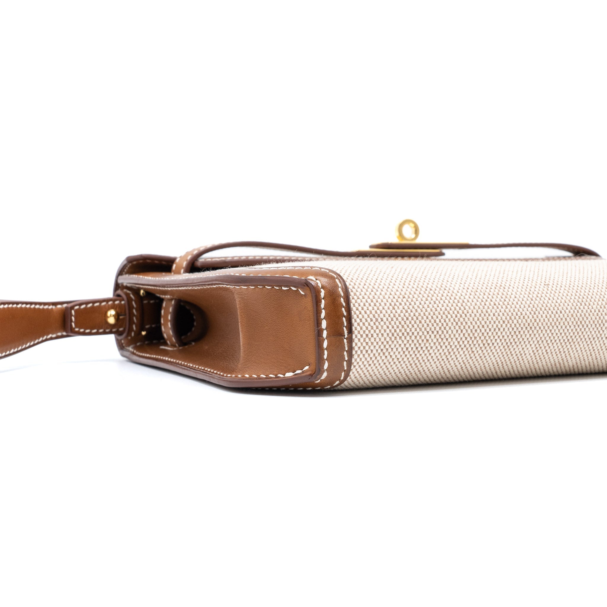 HERMES POCHETTE KELLY DEPECHES 25 CANVAS/BARENIA ECRU BEIGE/FAUVE GHW