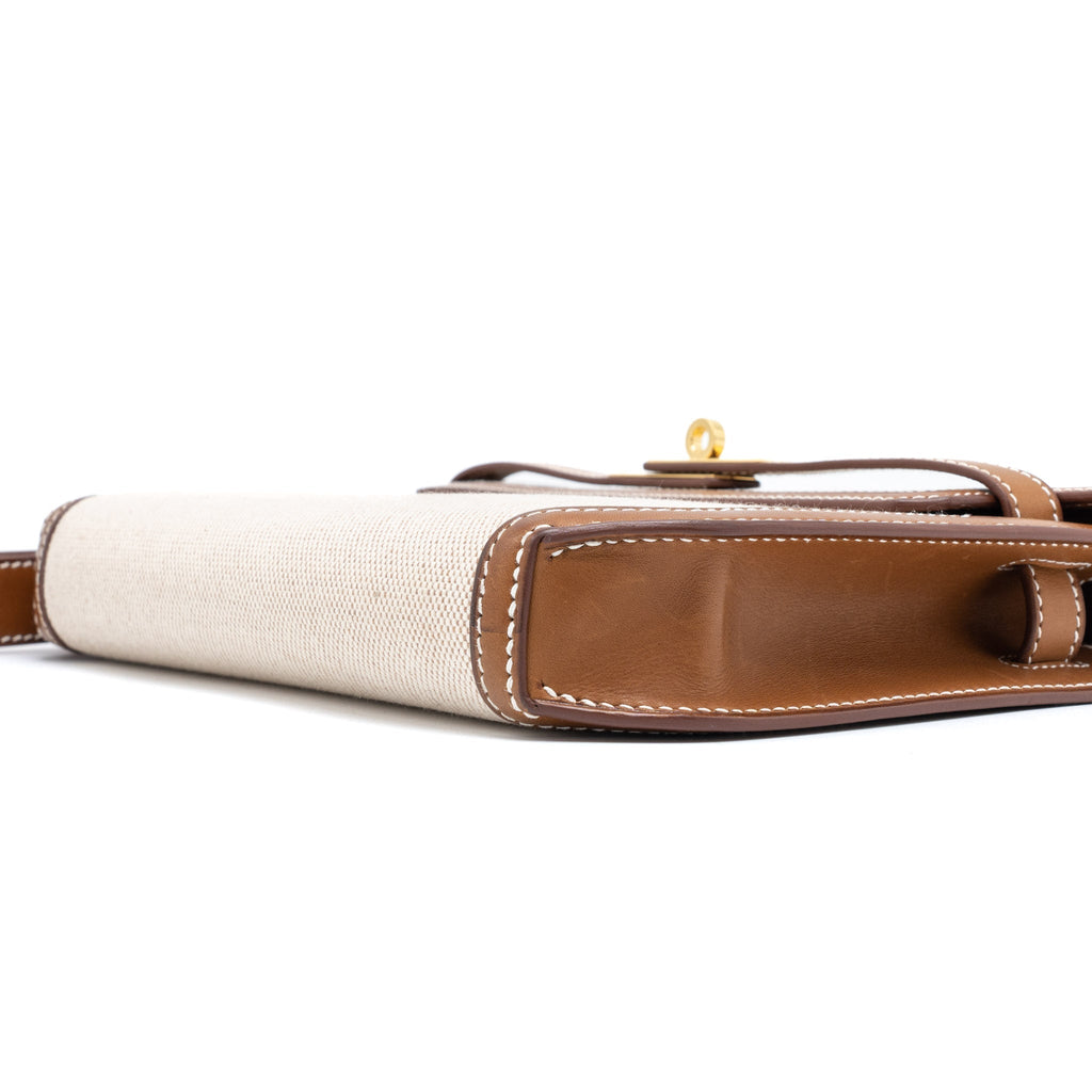 HERMES POCHETTE KELLY DEPECHES 25 CANVAS/BARENIA ECRU BEIGE/FAUVE GHW