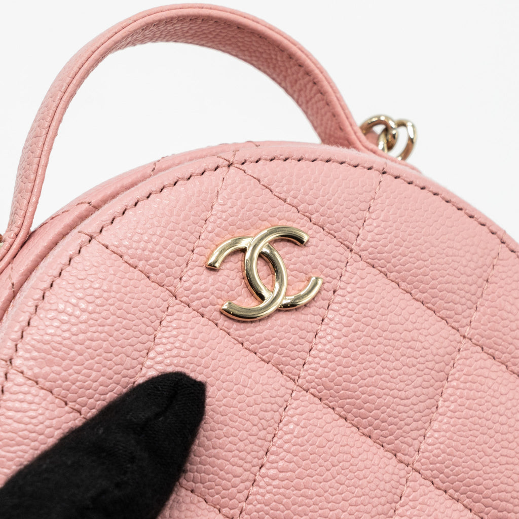 CHANEL TOP HANDLE MINI ROUND VANITY WITH CHAIN CAVIAR PINK LGHW
