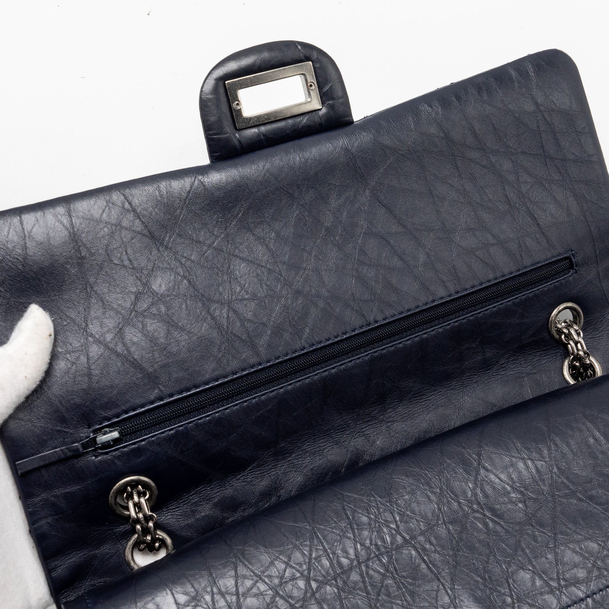 CHANEL MAXI 2.55 REISSUE FLAP BAG AGED CALFSKIN DARK BLUE RUTHENIUM HARDWARE