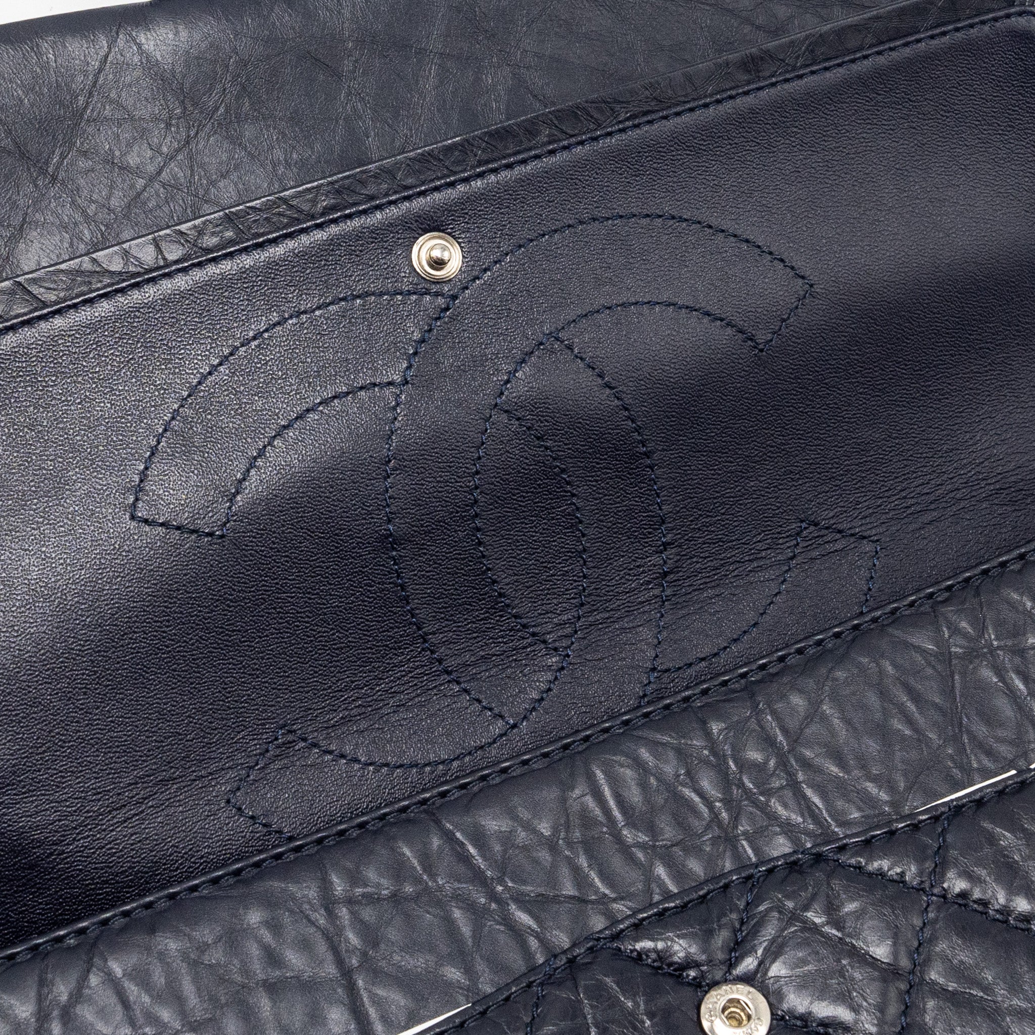 CHANEL MAXI 2.55 REISSUE FLAP BAG AGED CALFSKIN DARK BLUE RUTHENIUM HARDWARE