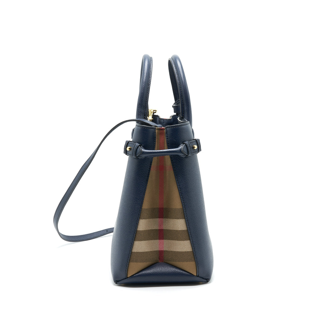 BURBERRY LEATHER/ CANVAS TOTE BAG NAVY