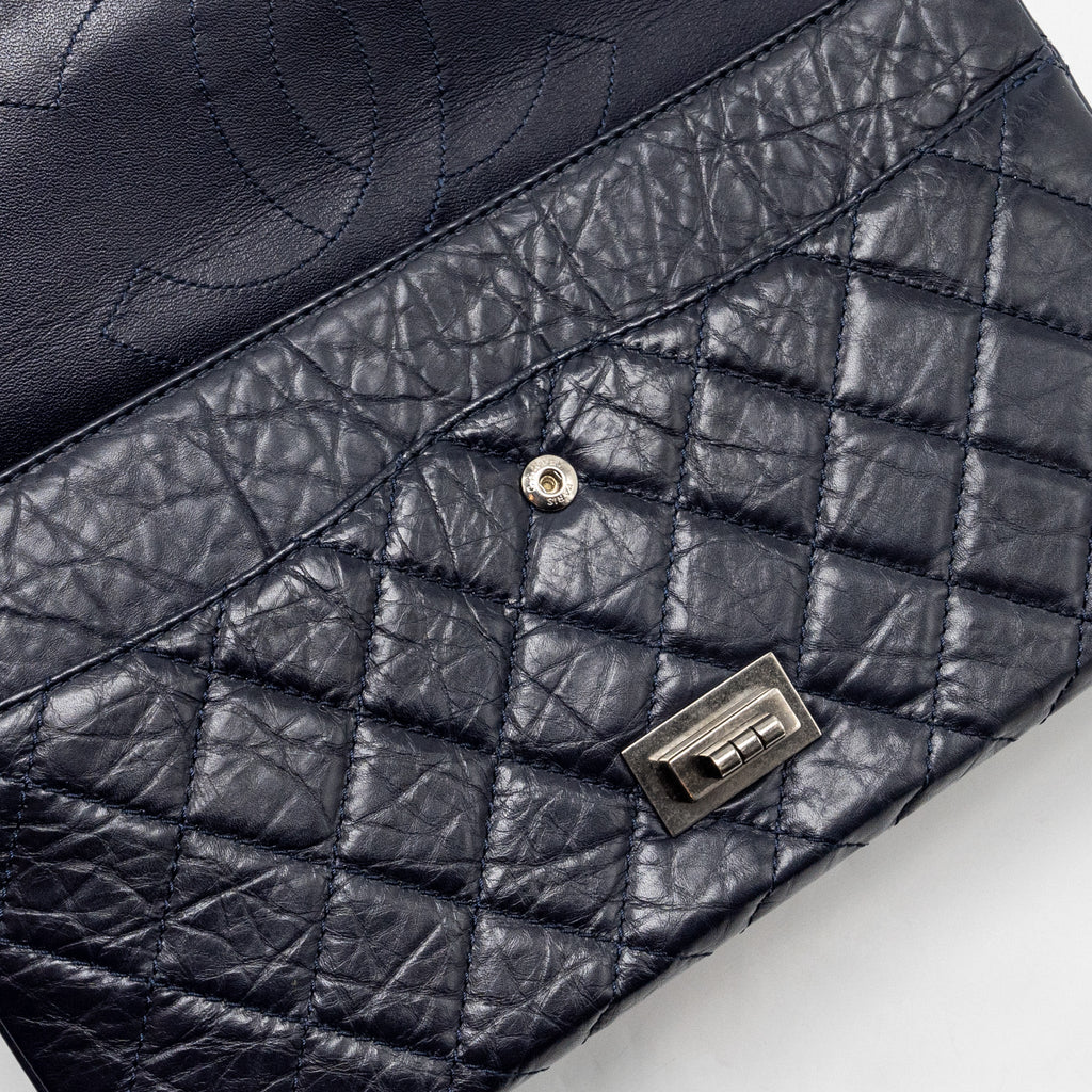 CHANEL MAXI 2.55 REISSUE FLAP BAG AGED CALFSKIN DARK BLUE RUTHENIUM HARDWARE
