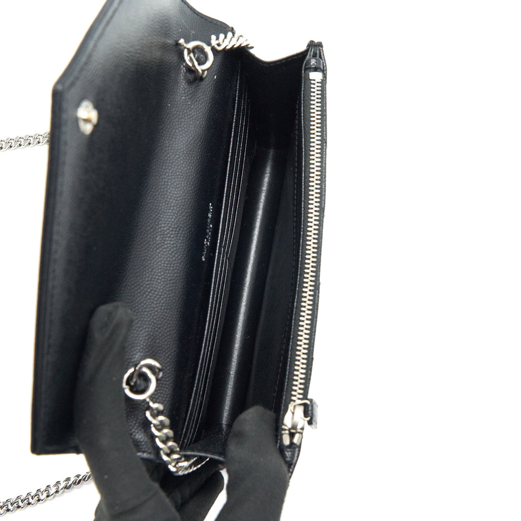 SAINT LAURENT GRAINED CALFSKIN ENVELOPE WALLET ON CHAIN BLACK SHW