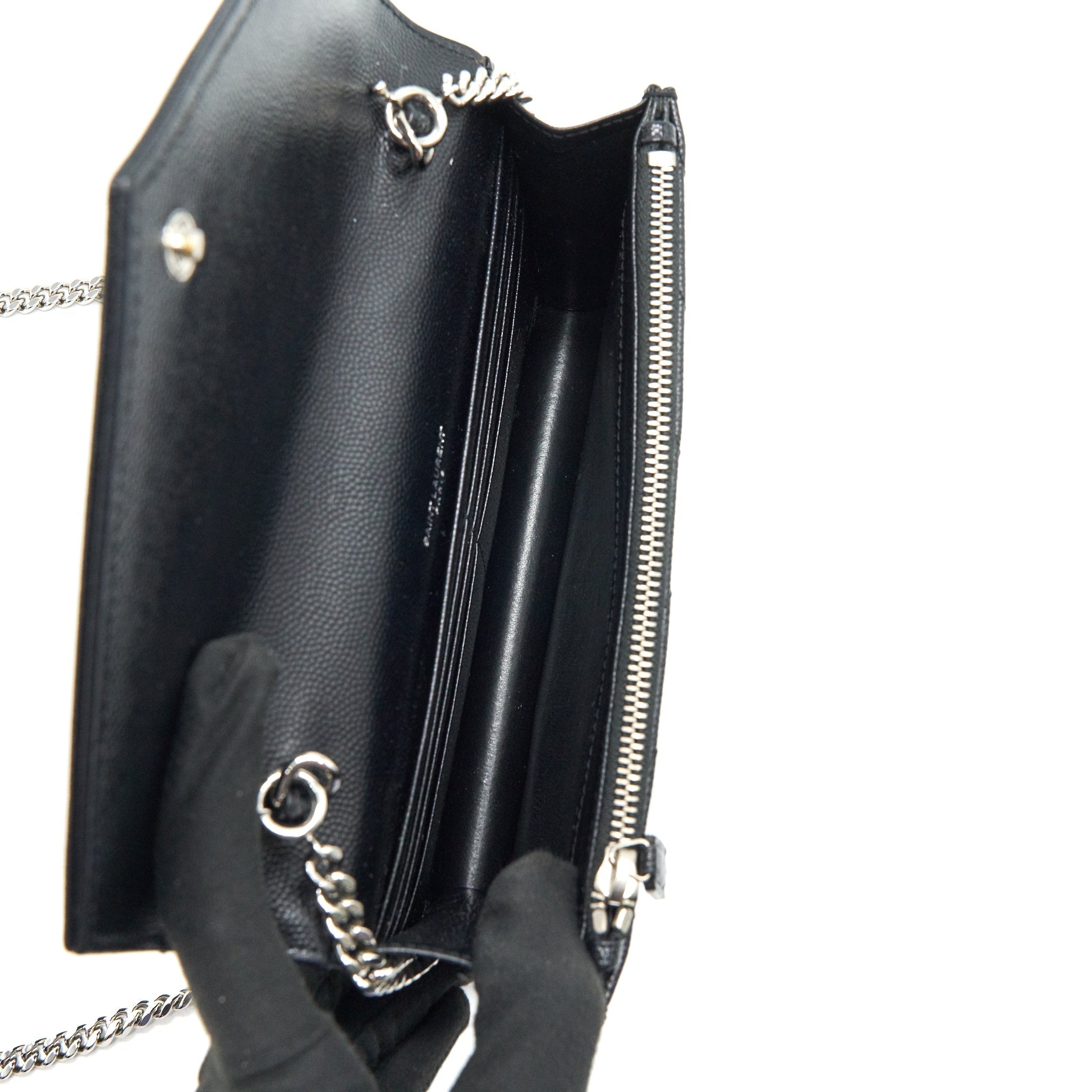 SAINT LAURENT GRAINED CALFSKIN ENVELOPE WALLET ON CHAIN BLACK SHW