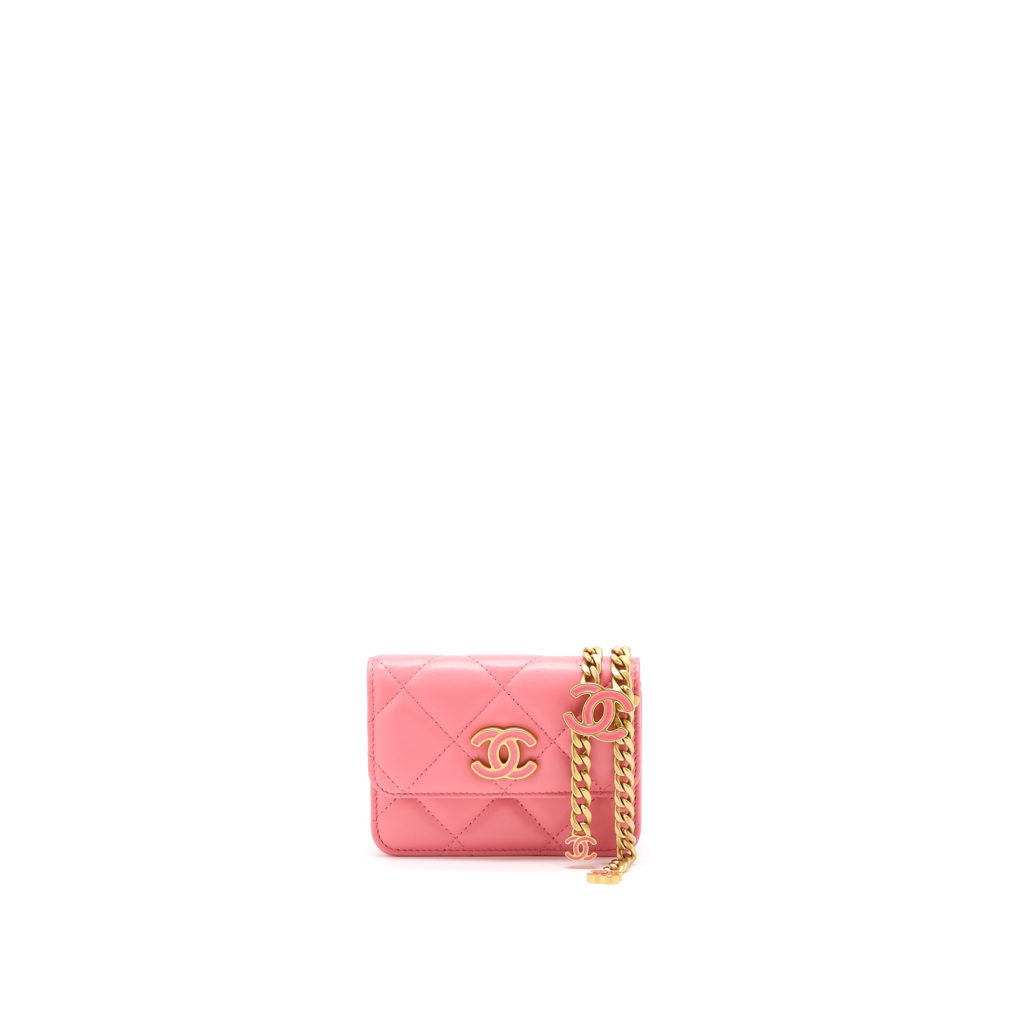 CHANEL MINI FLAP WAIST BAG ENAMEL LOGO LAMBSKIN PINK GHW