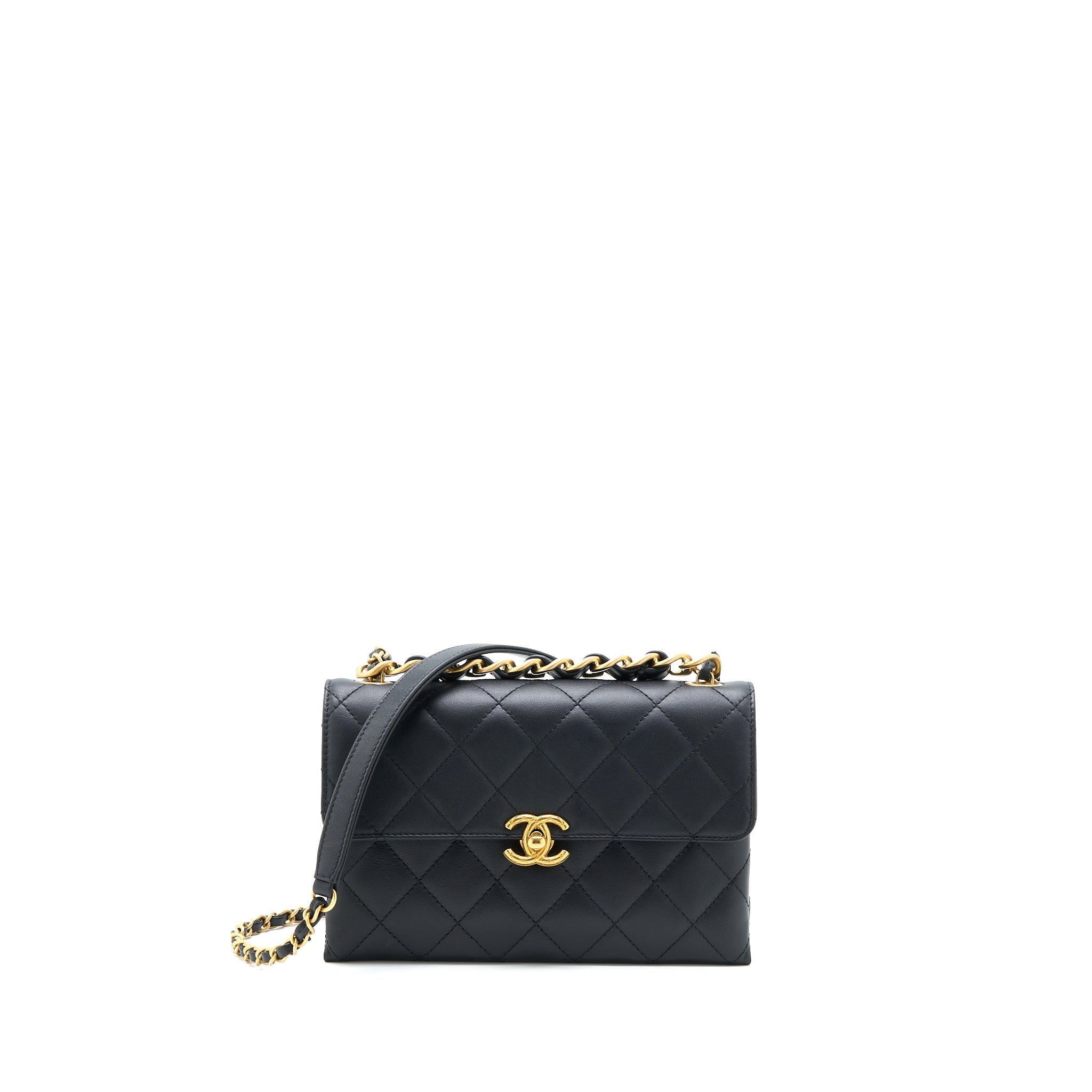 CHANEL HANDLE FLAP BAG CALFSKIN BLACK BRUSHED GHW (MICROCHIP)