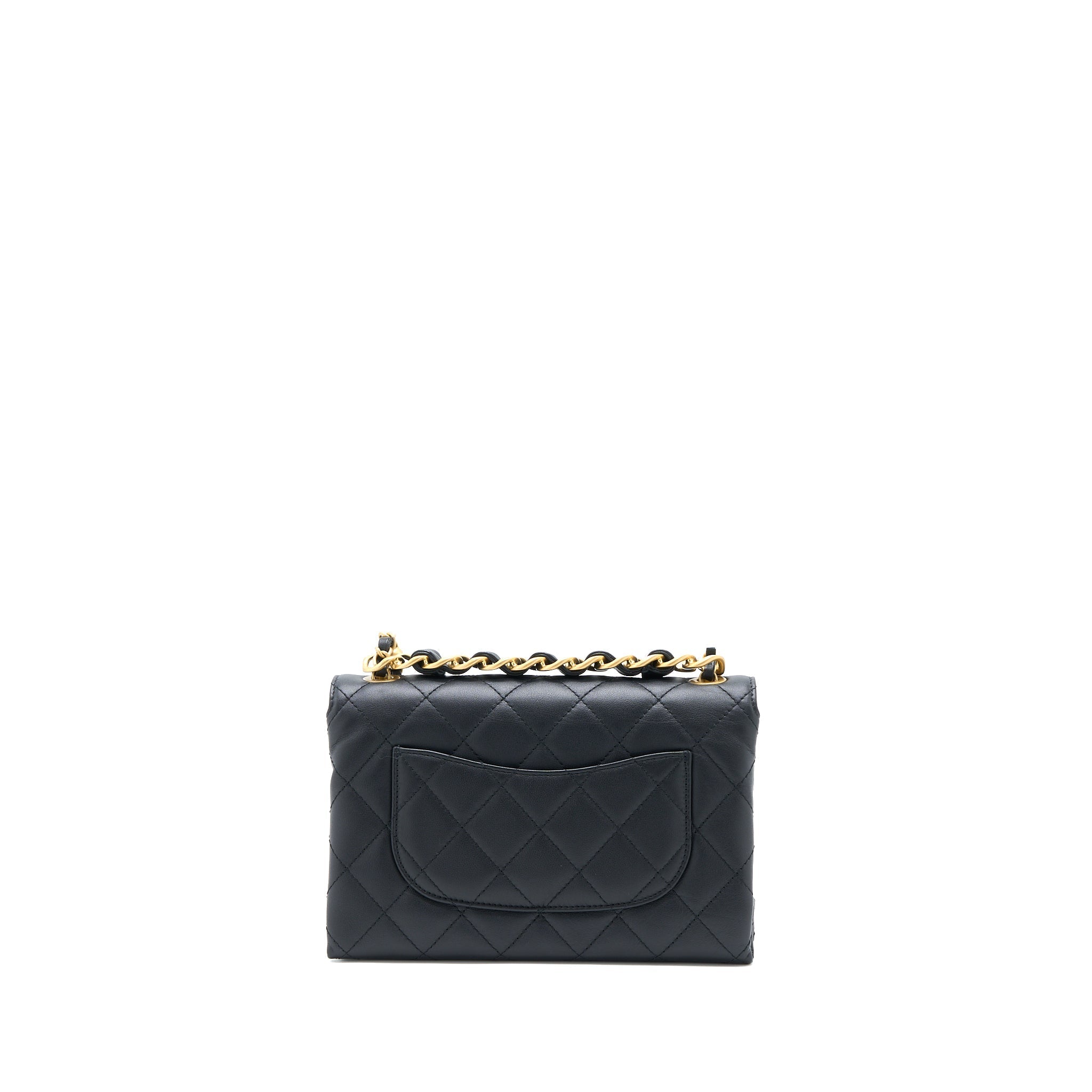 CHANEL HANDLE FLAP BAG CALFSKIN BLACK BRUSHED GHW (MICROCHIP)