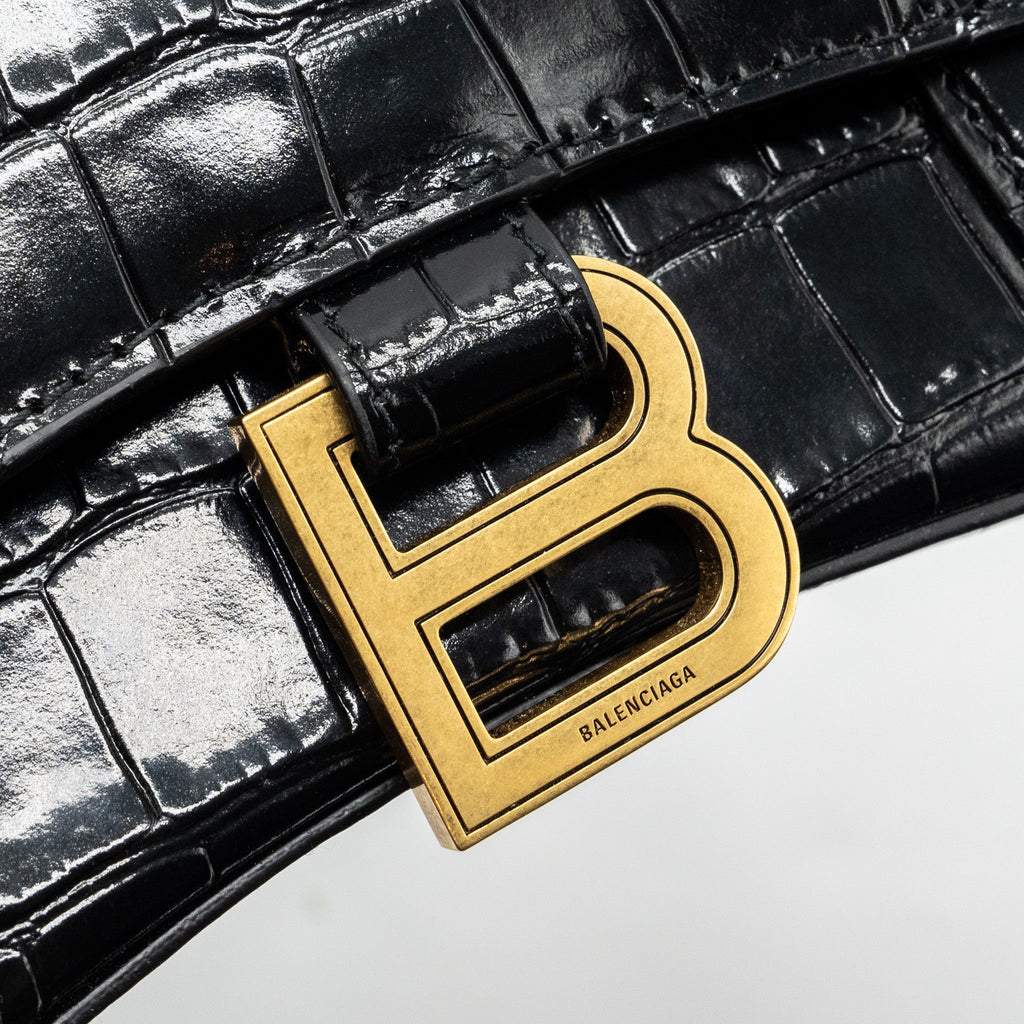 BALENCIAGA HOURGLASS XS HANDBAG CROCODILE EMBOSSED BLACK GHW