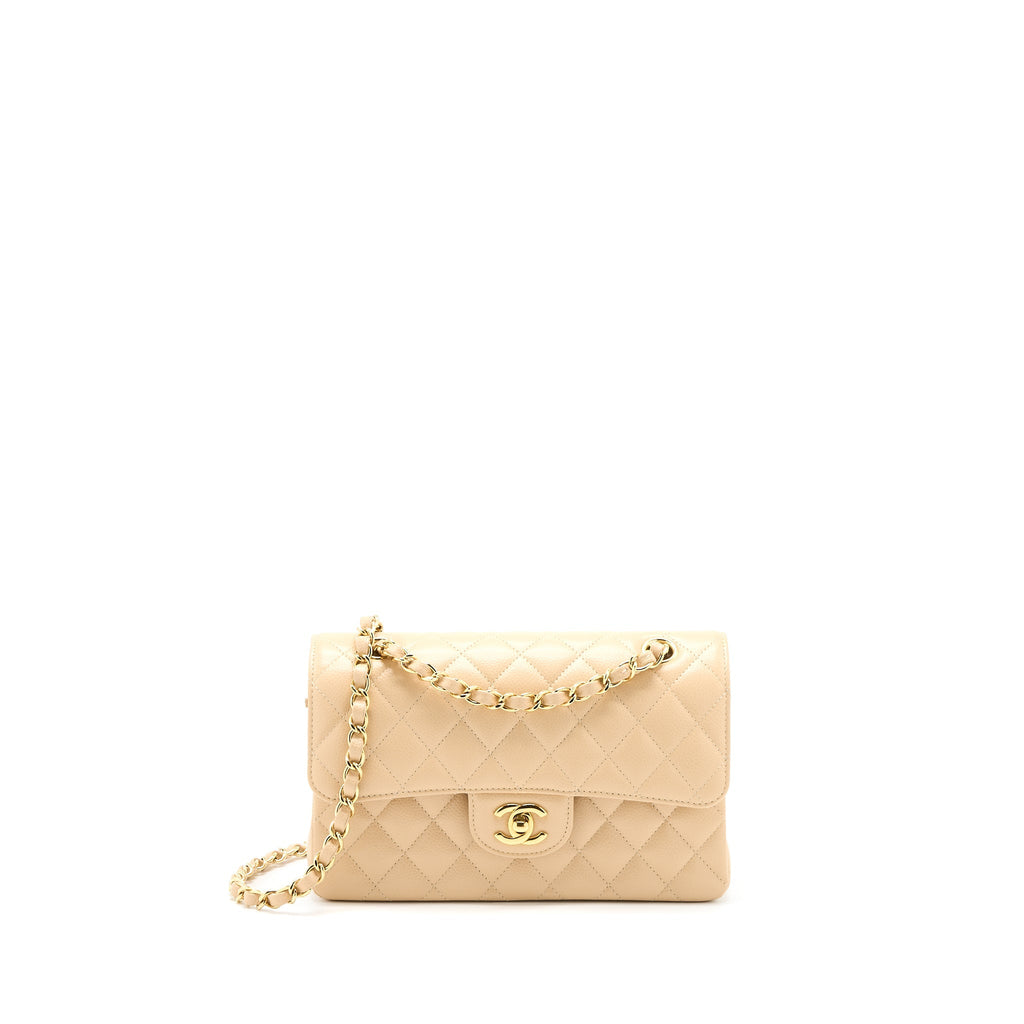 CHANEL SMALL CLASSIC DOUBLE FLAP BAG CAVIAR BEIGE GHW (MICROCHIP)