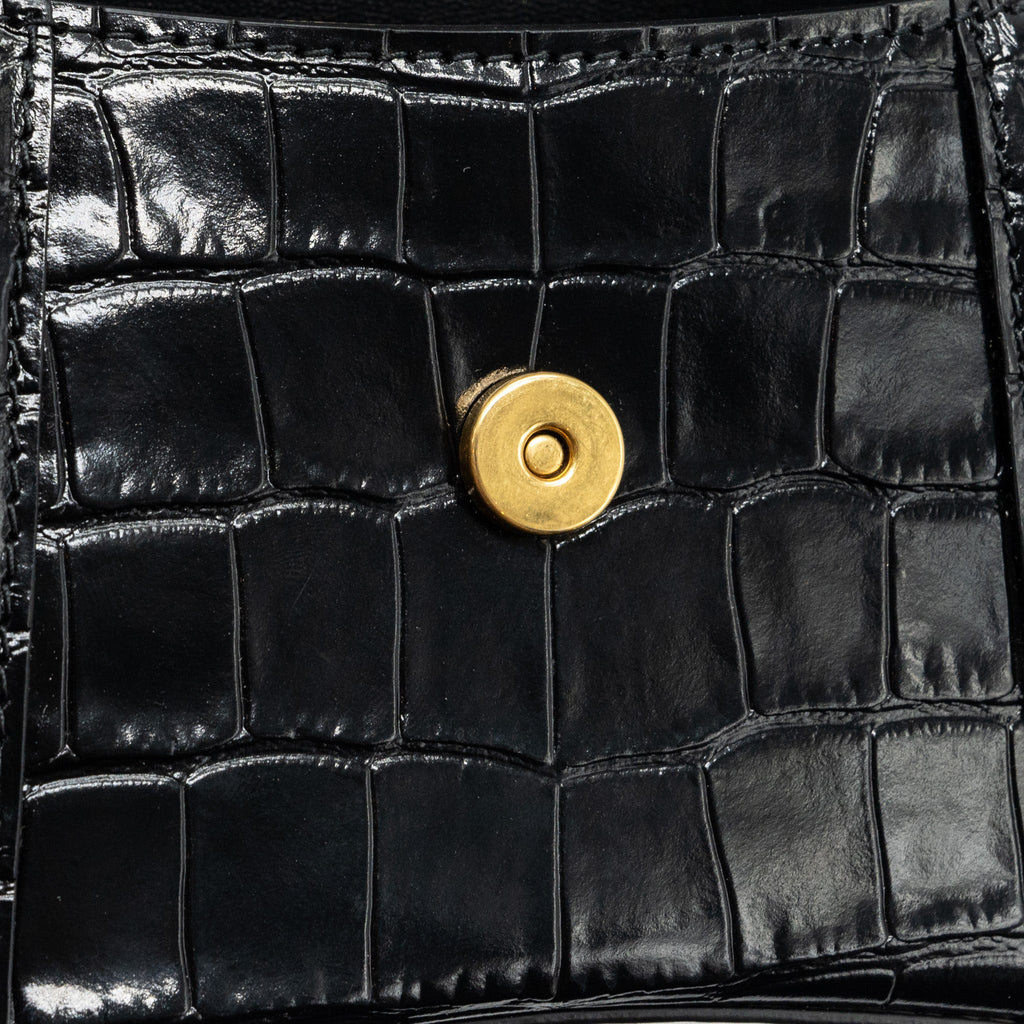 BALENCIAGA HOURGLASS XS HANDBAG CROCODILE EMBOSSED BLACK GHW