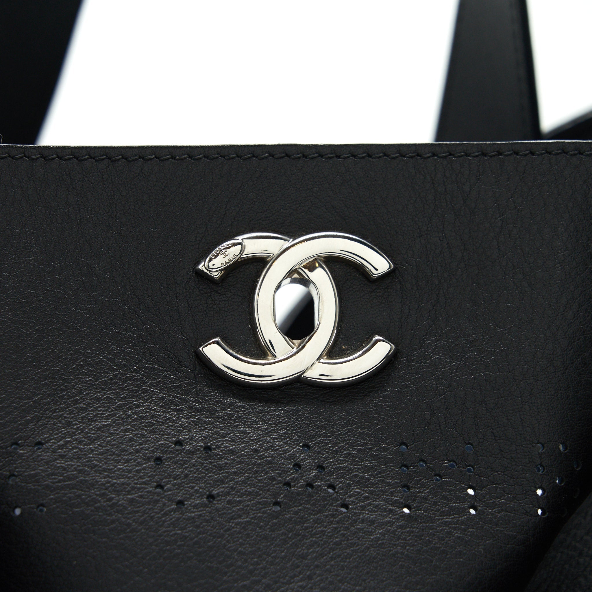CHANEL EYELET LOGO CALFSKIN TOTE BAG BLACK/ BLUE SHW