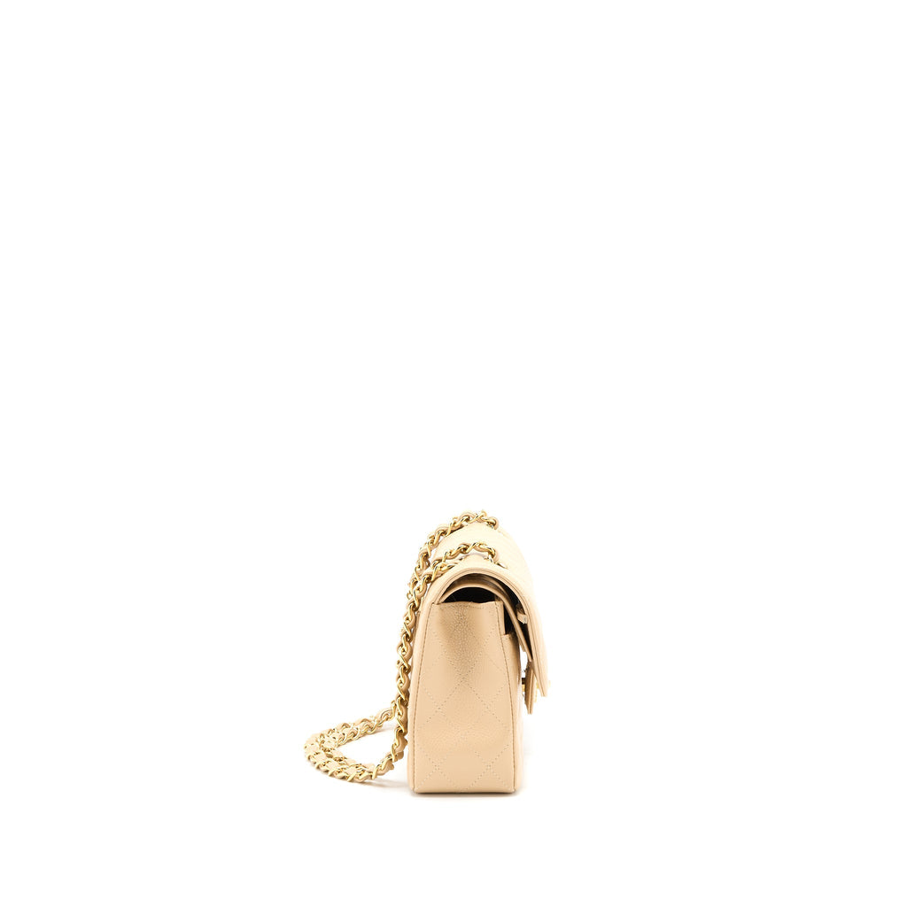 CHANEL SMALL CLASSIC DOUBLE FLAP BAG CAVIAR BEIGE GHW (MICROCHIP)