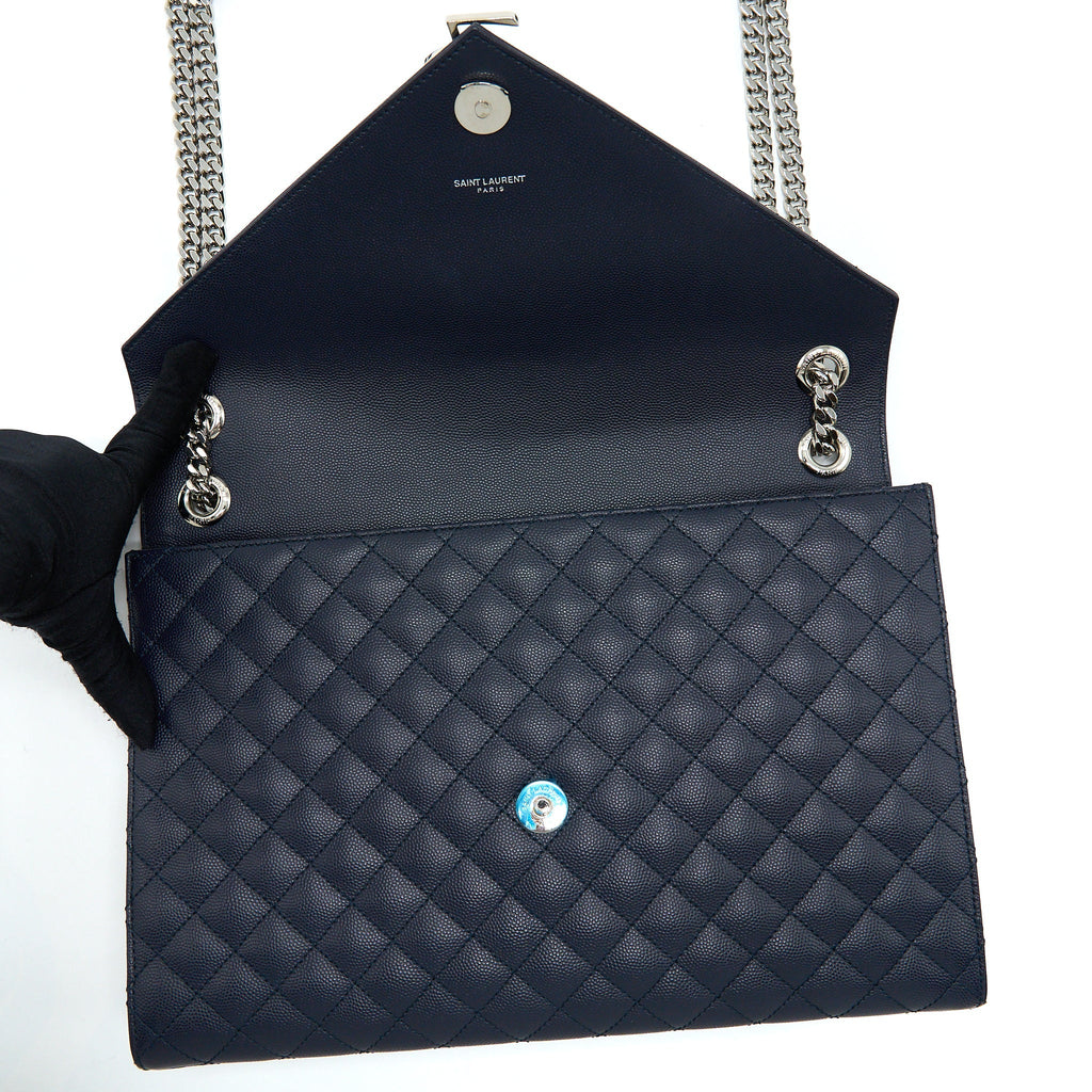 SAINT LAURENT ENVELOP SHOULDER BAG CALFSKIN NAVY SHW