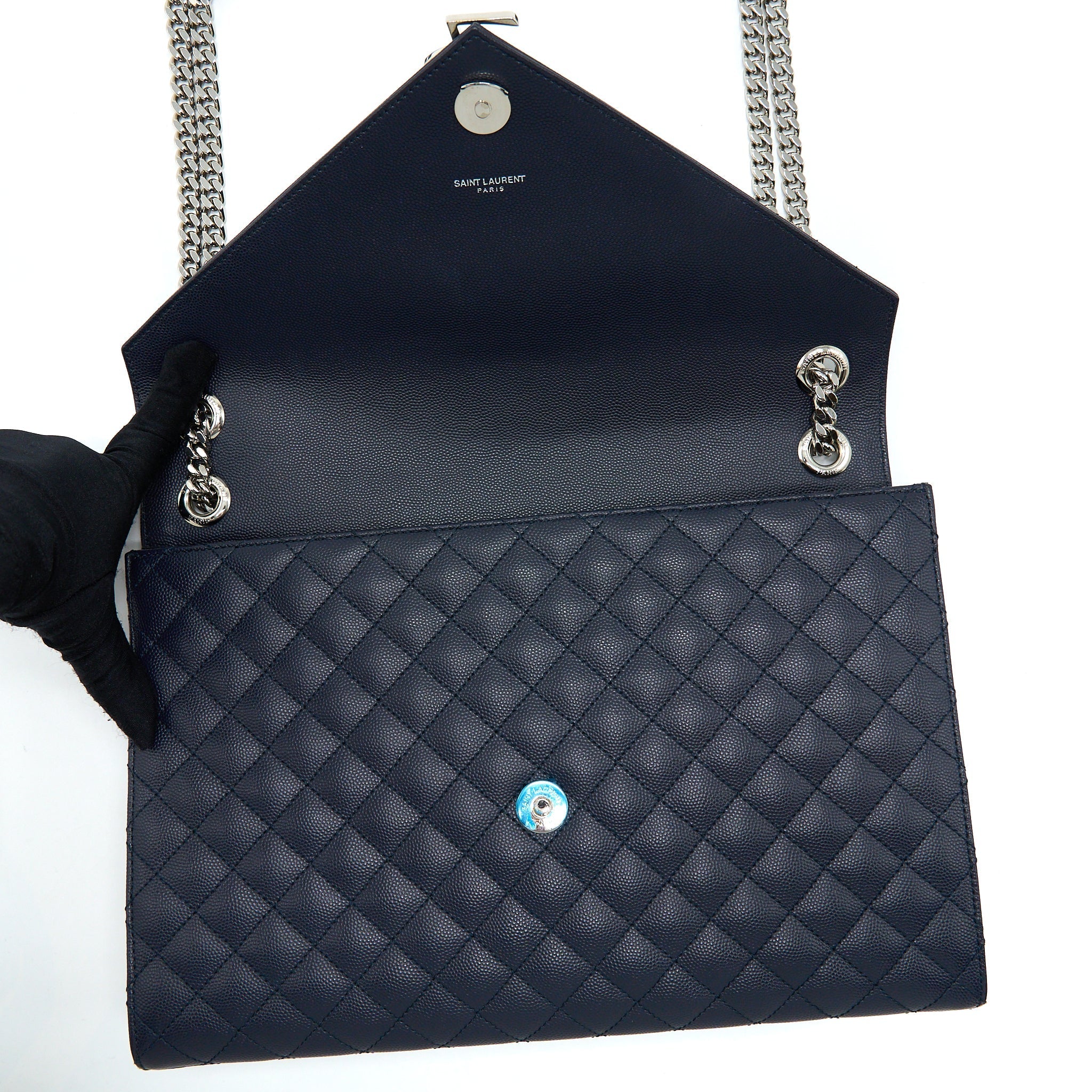 SAINT LAURENT ENVELOP SHOULDER BAG CALFSKIN NAVY SHW