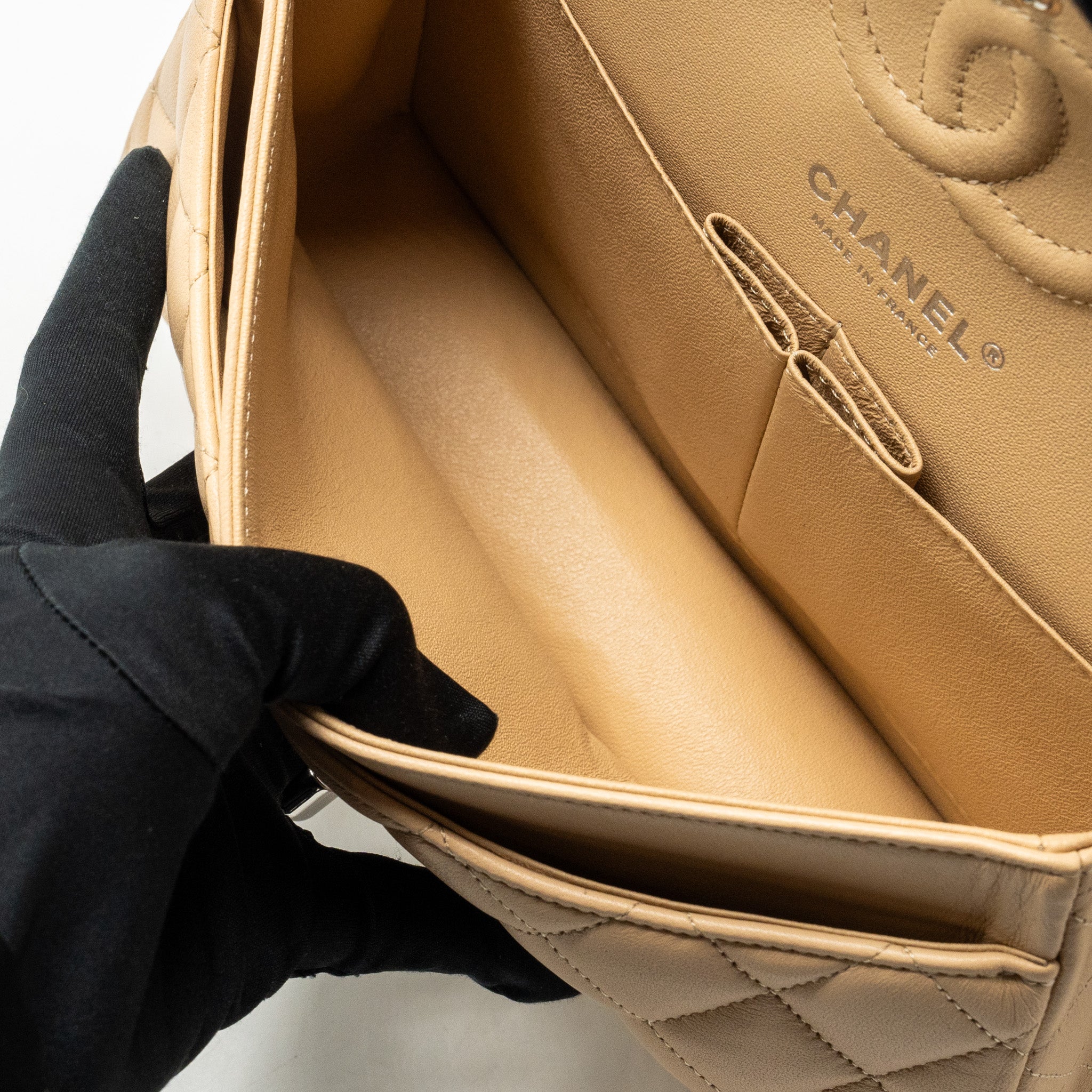CHANEL SMALL CLASSIC DOUBLE FLAP BAG LAMBSKIN BEIGE SHW (MICROCHIP)