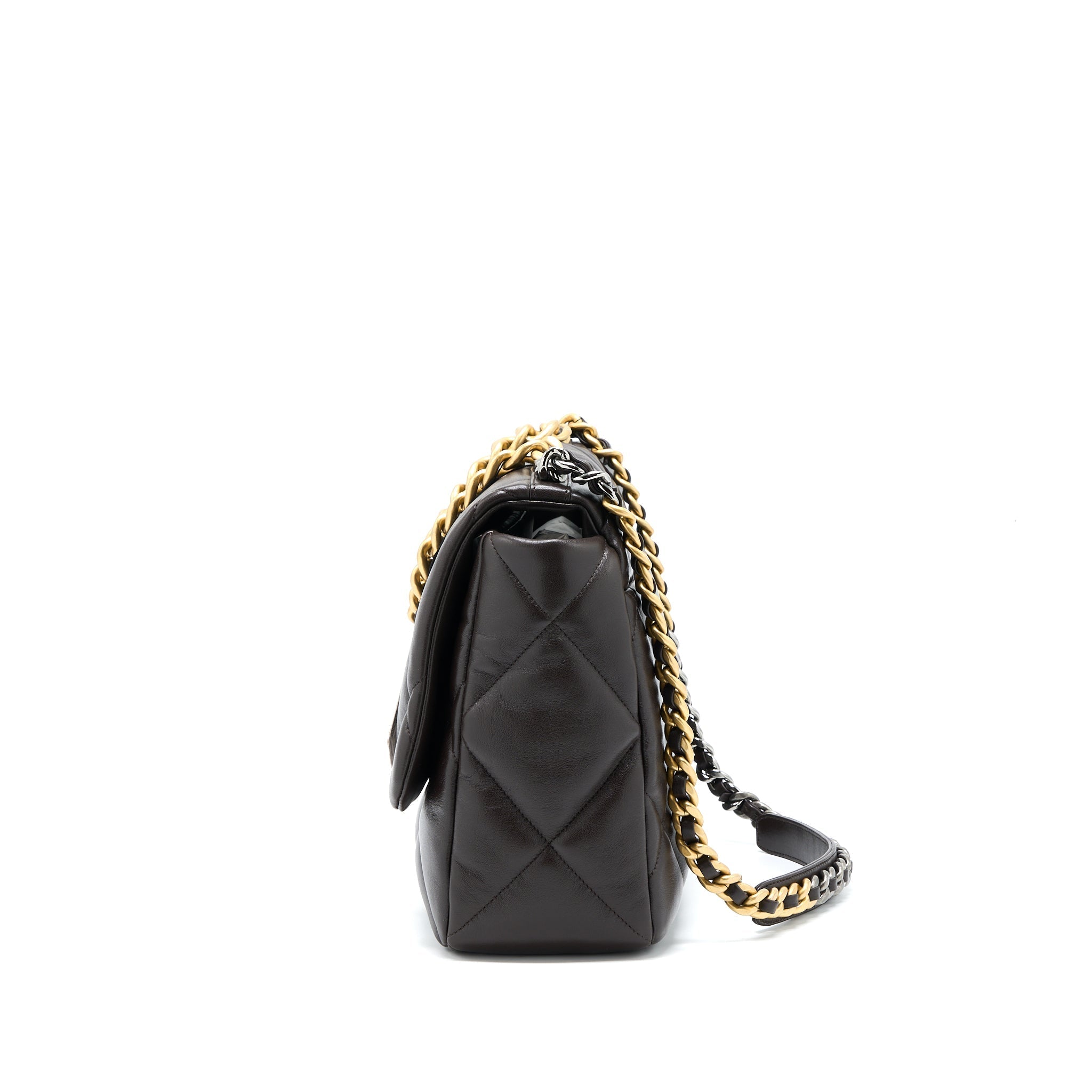 CHANEL 21A MAXI 19 FLAP BAG LAMBSKIN DARK BROWN MULTICOLOUR HARDWARE (MICROCHIP)