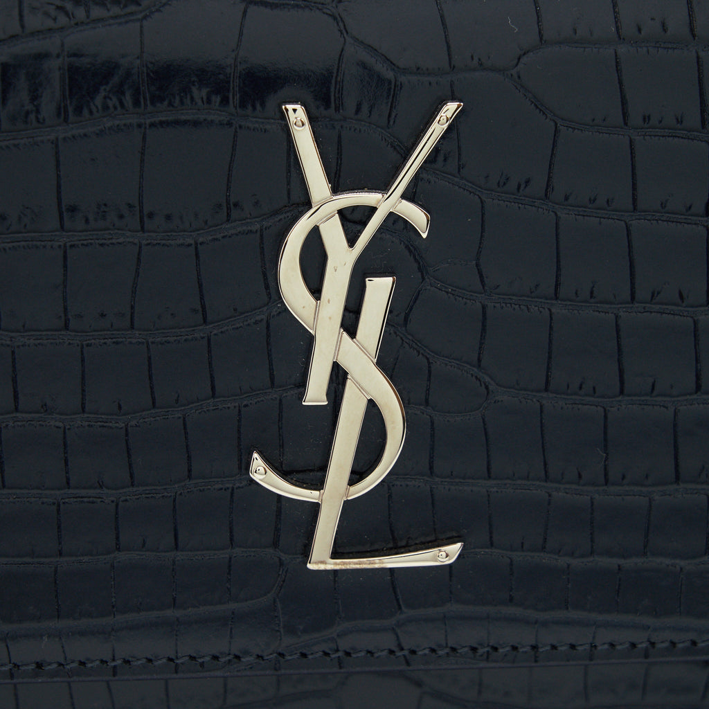 SAINT LAURENT MEDIUM SUNSET BAG CROC EMBOSSED CALFSKIN DARK BLUE SHW
