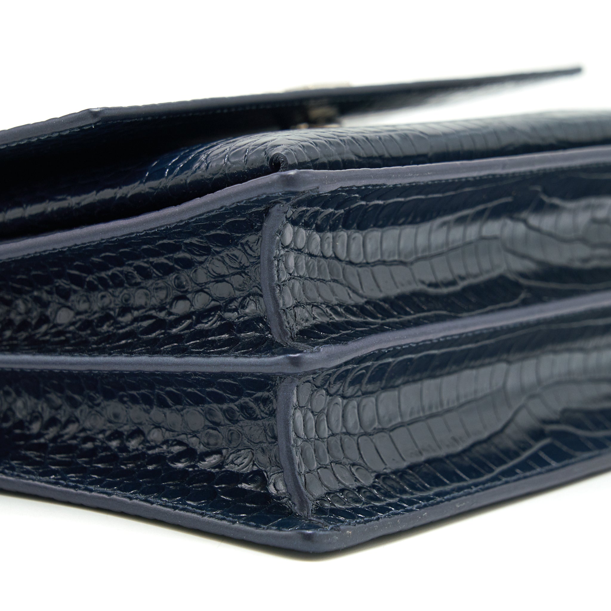 SAINT LAURENT MEDIUM SUNSET BAG CROC EMBOSSED CALFSKIN DARK BLUE SHW