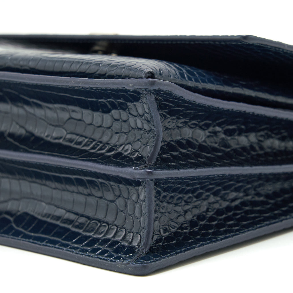 SAINT LAURENT MEDIUM SUNSET BAG CROC EMBOSSED CALFSKIN DARK BLUE SHW