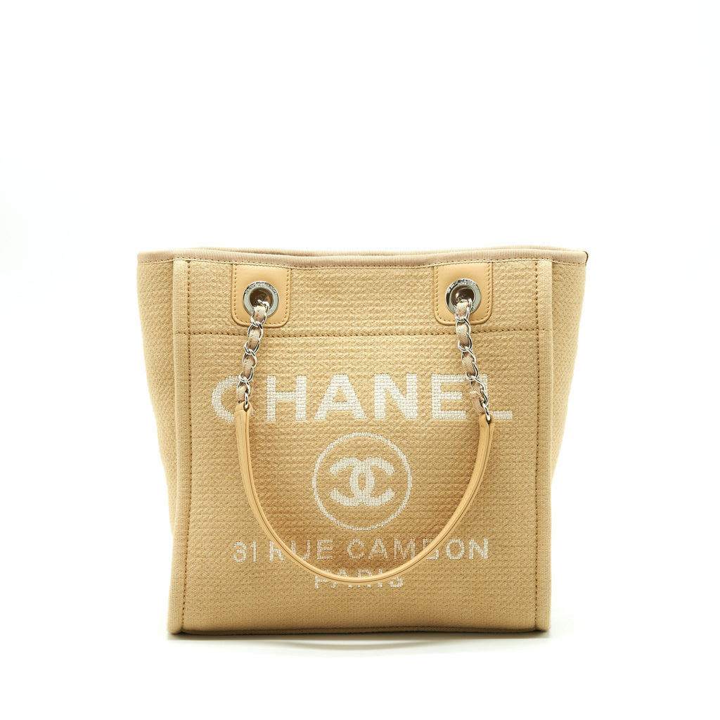 CHANEL DEAUVILLE PM CHAIN TOTE BAG CANVAS DARK BEIGE SHW (MICROCHIP)