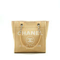 CHANEL DEAUVILLE PM CHAIN TOTE BAG CANVAS DARK BEIGE SHW (MICROCHIP)