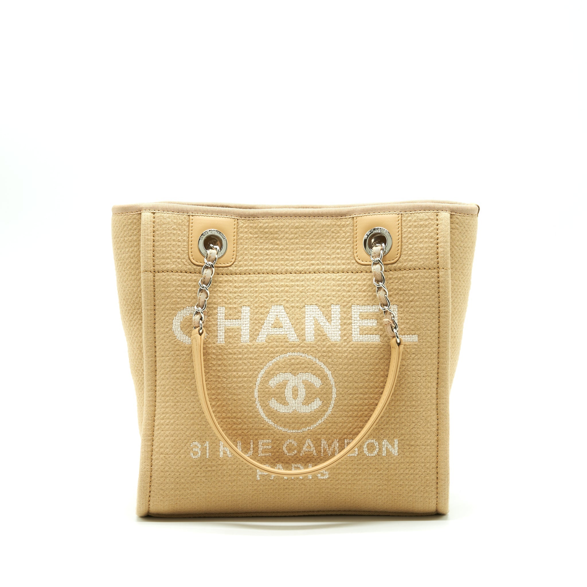 CHANEL DEAUVILLE PM CHAIN TOTE BAG CANVAS DARK BEIGE SHW (MICROCHIP)