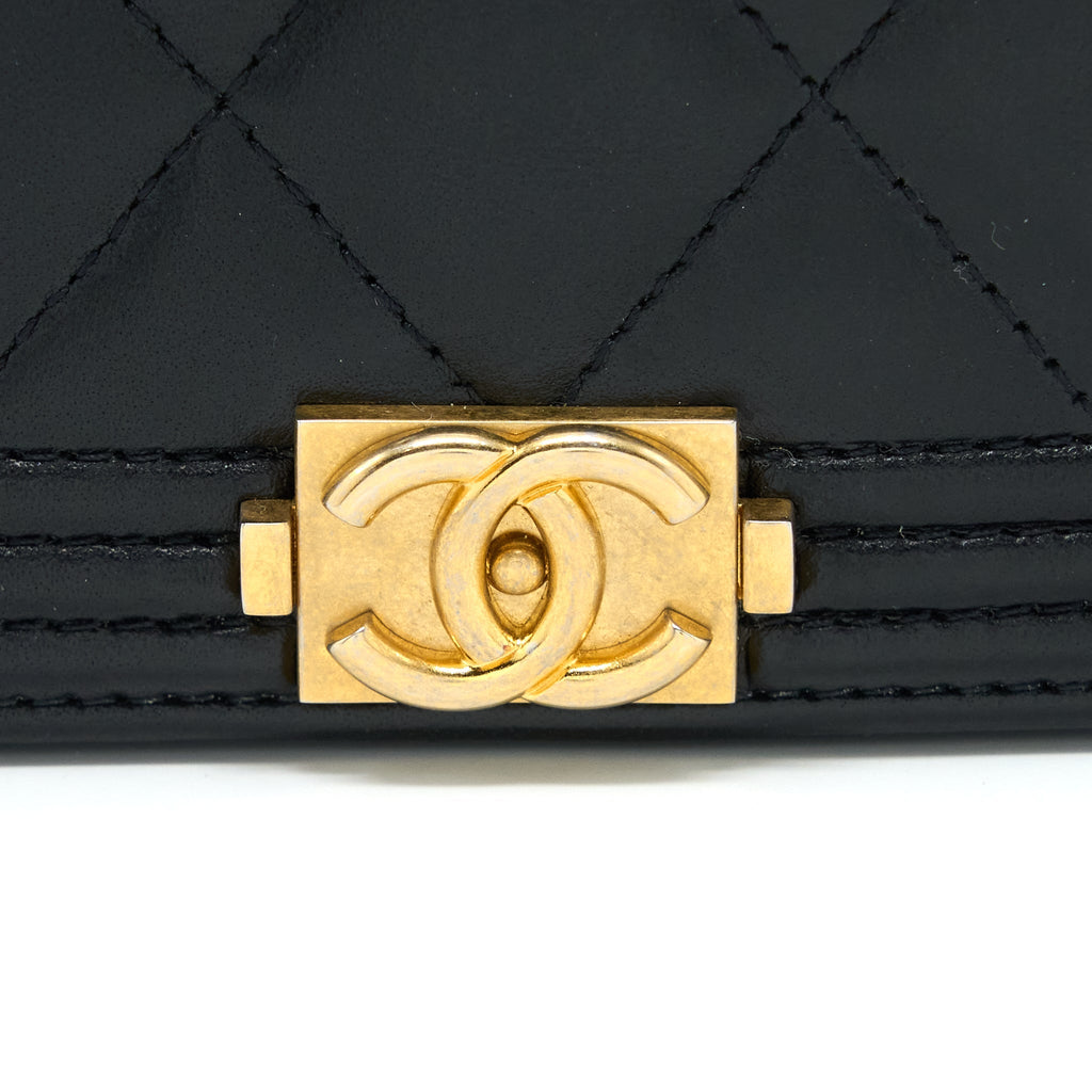 CHANEL BOY WALLET ON CHAIN LAMBSKIN BLACK BRUSHED GHW