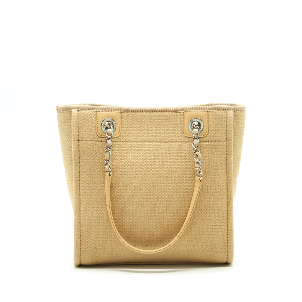 CHANEL DEAUVILLE PM CHAIN TOTE BAG CANVAS DARK BEIGE SHW (MICROCHIP)