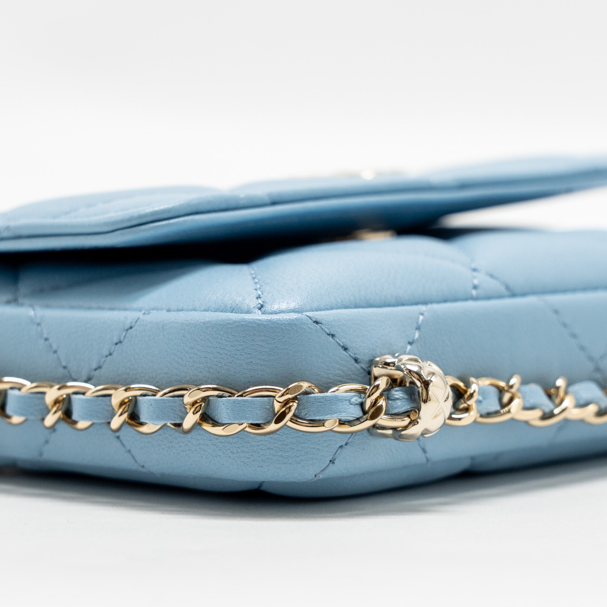 CHANEL MINI FLAP CLUTCH WITH CHAIM LAMBSKIN LIGHT BLUE LGHW
