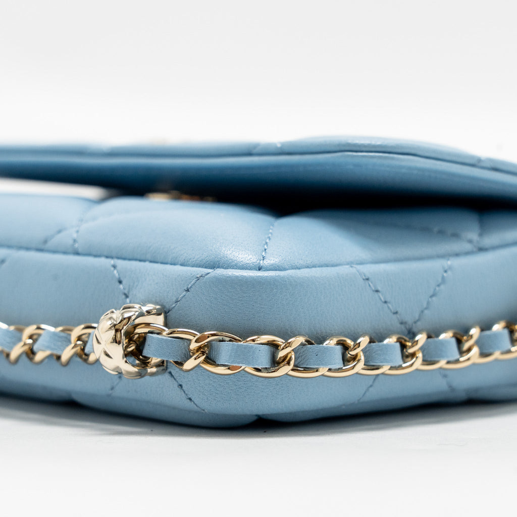 CHANEL MINI FLAP CLUTCH WITH CHAIM LAMBSKIN LIGHT BLUE LGHW