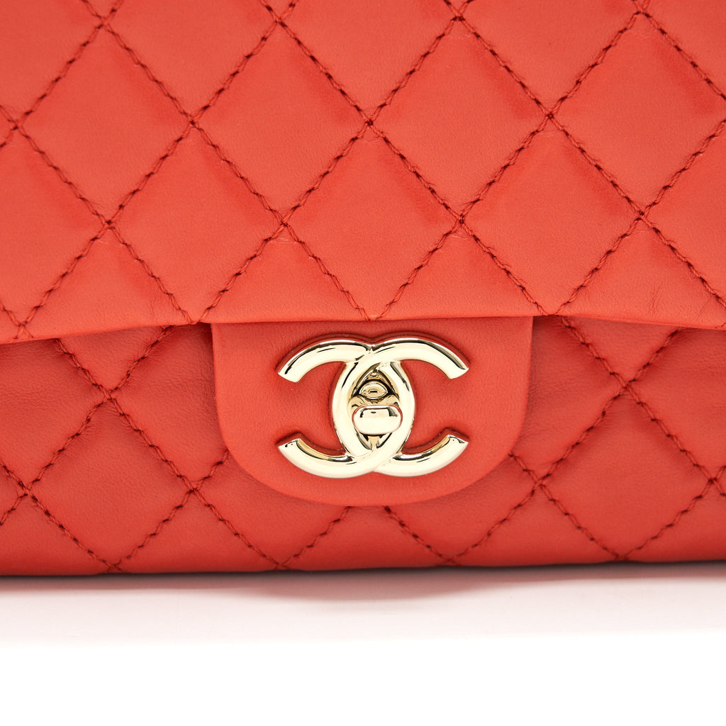 CHANEL CLASSIC MEDIUM DOUBLE FLAP LAMBSKIN IN CORAL LGHW