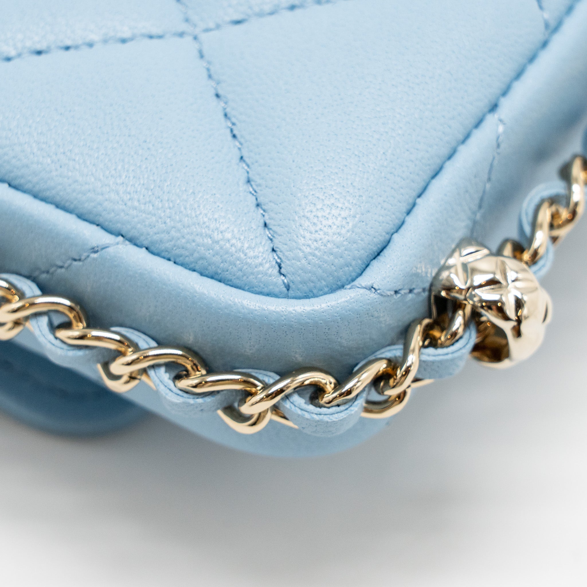 CHANEL MINI FLAP CLUTCH WITH CHAIM LAMBSKIN LIGHT BLUE LGHW