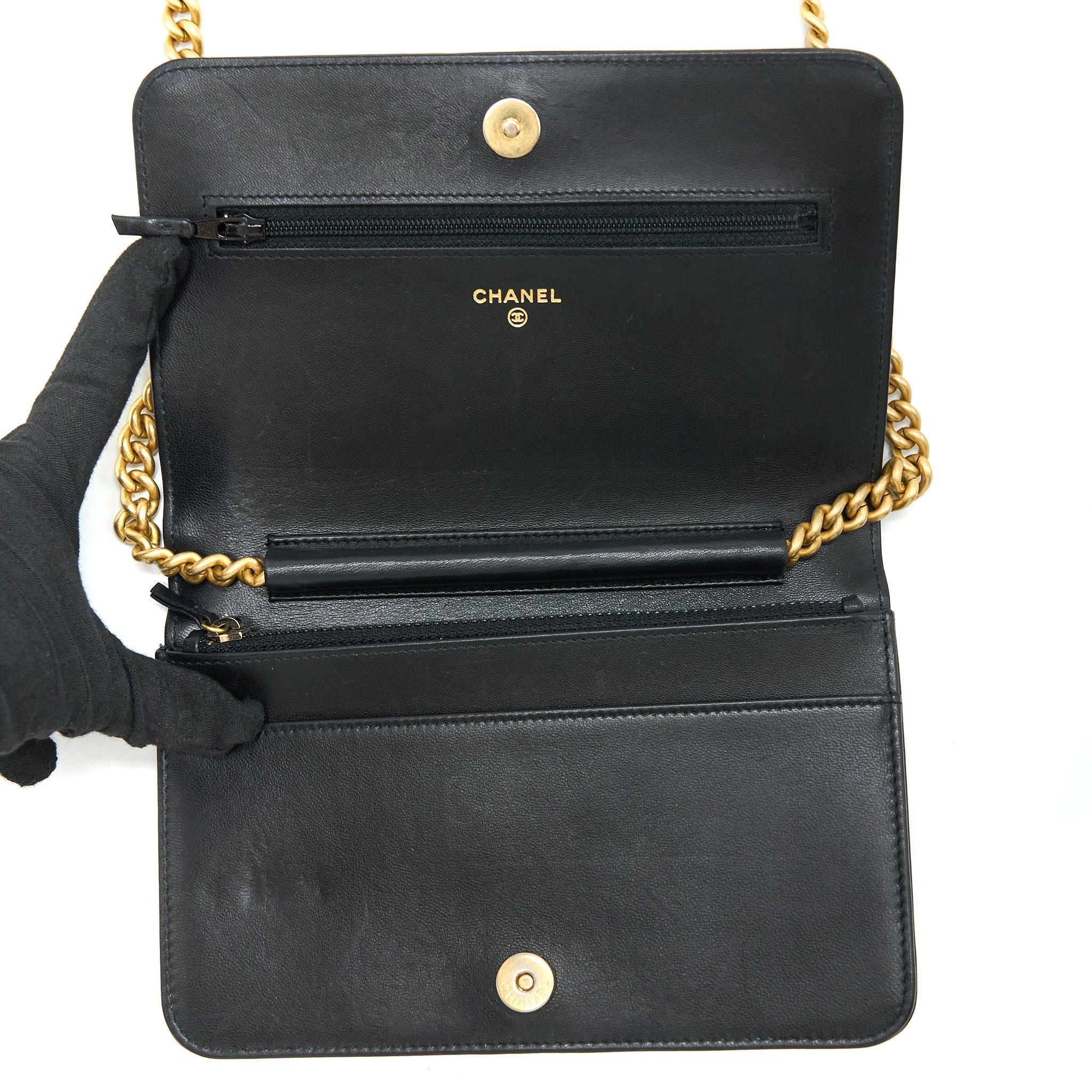 CHANEL BOY WALLET ON CHAIN LAMBSKIN BLACK BRUSHED GHW