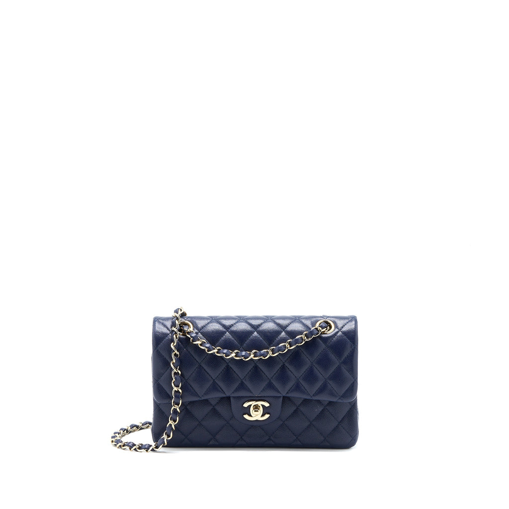 CHANEL SMALL CLASSIC DOUBLE FLAP BAG CAVIAR DARK BLUE LGHW