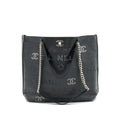 CHANEL EYELET LOGO CALFSKIN TOTE BAG BLACK/ BLUE SHW