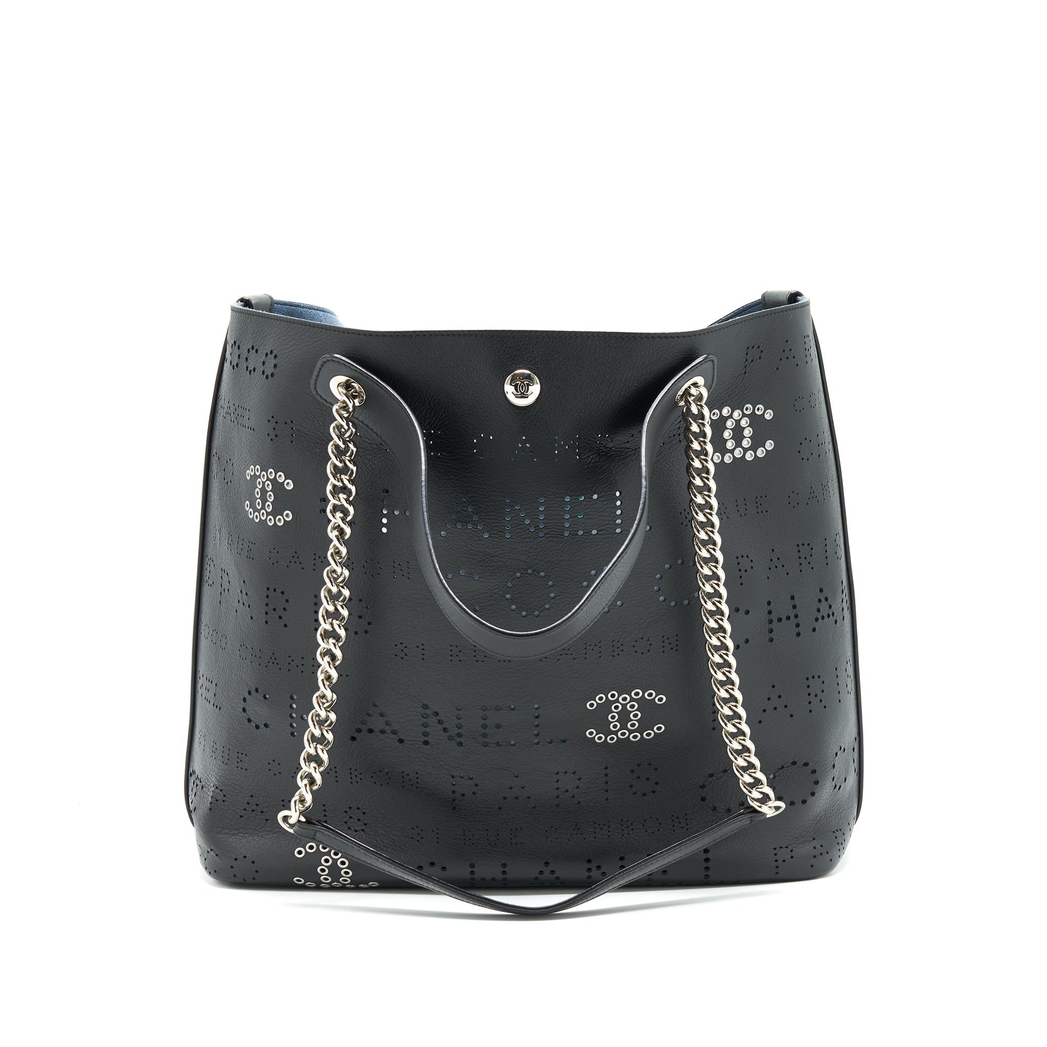 CHANEL EYELET LOGO CALFSKIN TOTE BAG BLACK/ BLUE SHW