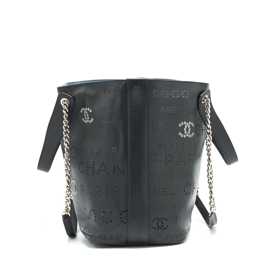 CHANEL EYELET LOGO CALFSKIN TOTE BAG BLACK/ BLUE SHW