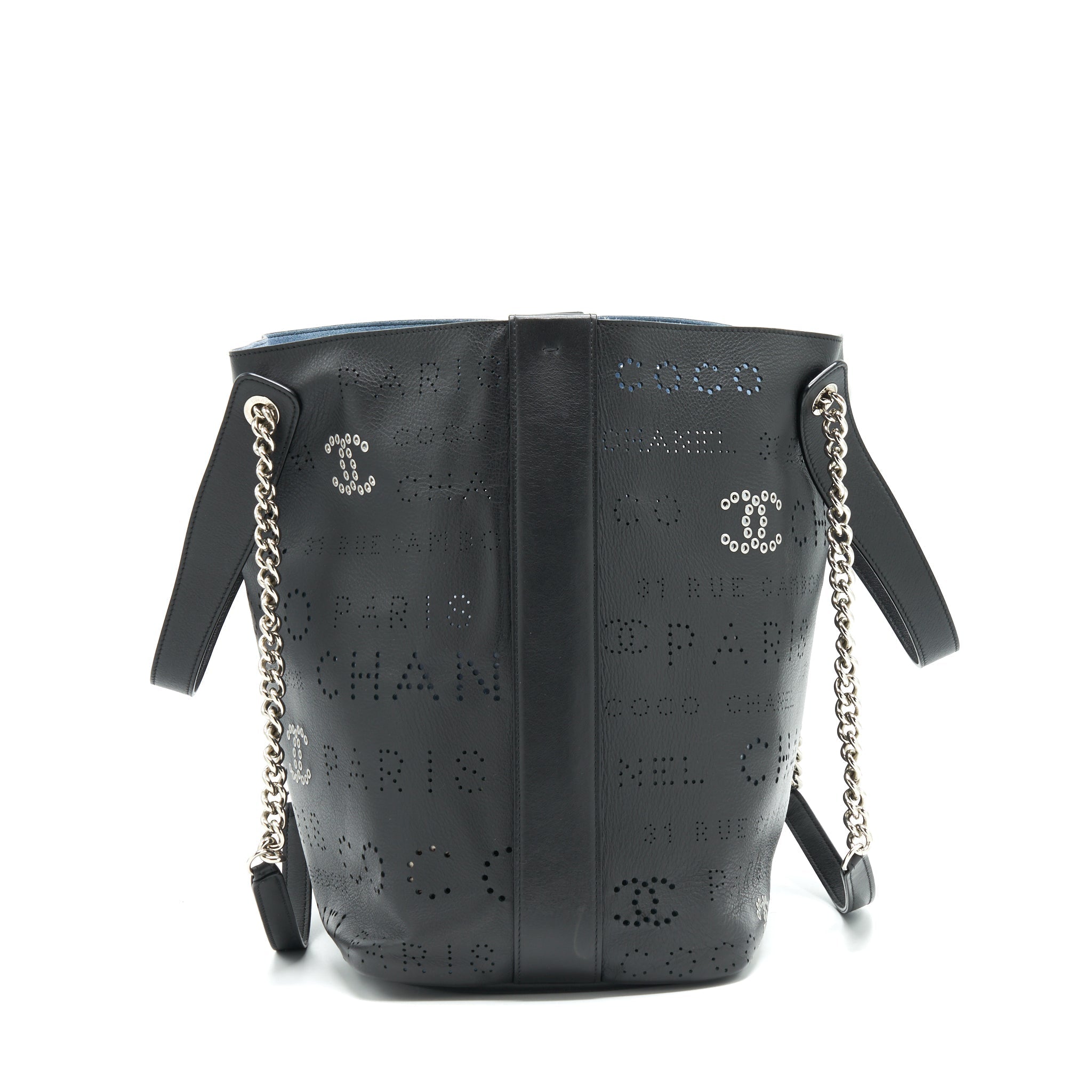 CHANEL EYELET LOGO CALFSKIN TOTE BAG BLACK/ BLUE SHW