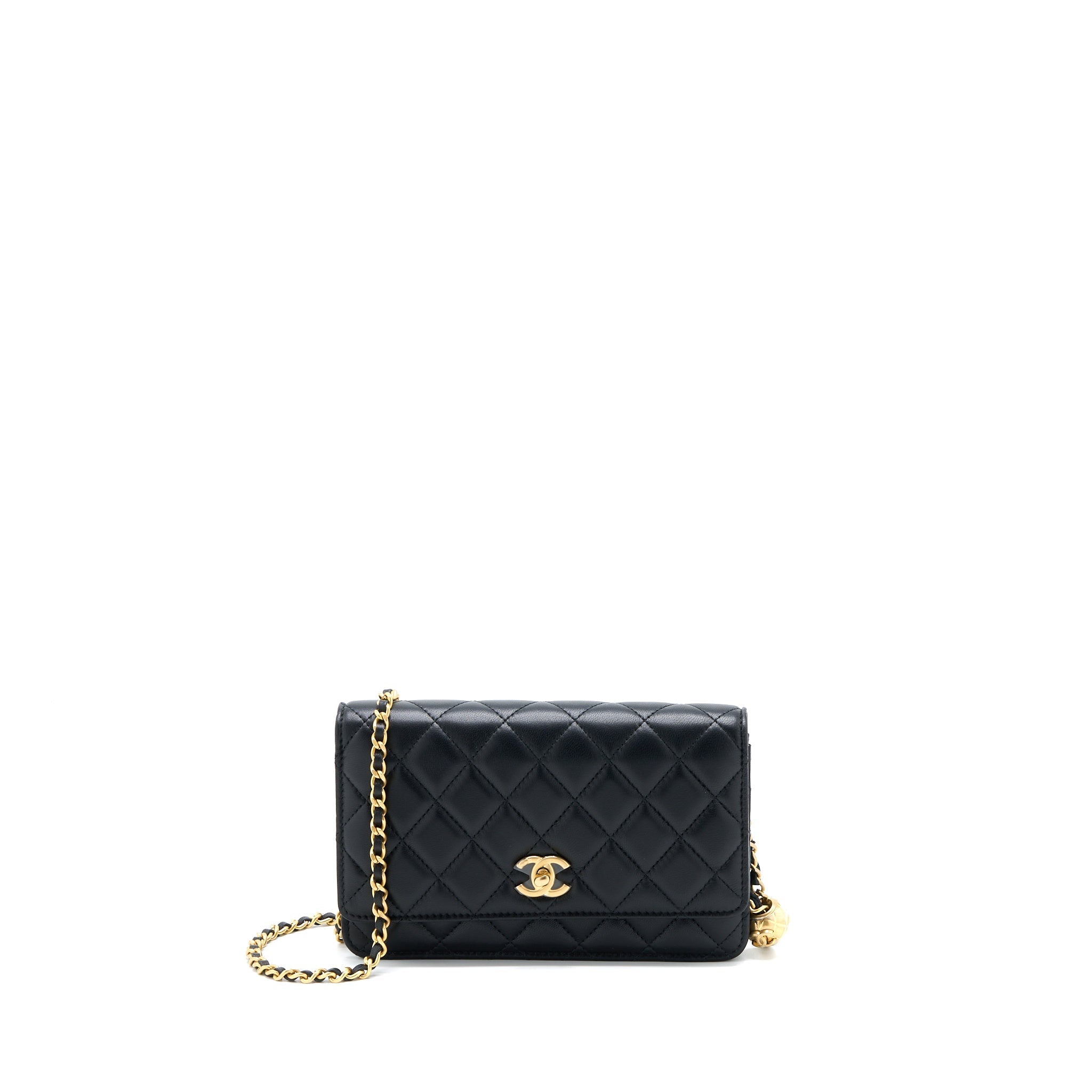 CHANEL PEARL CRUSH WALLET ON CHAIN LAMBSKIN BLACK GHW (MICROCHIP)