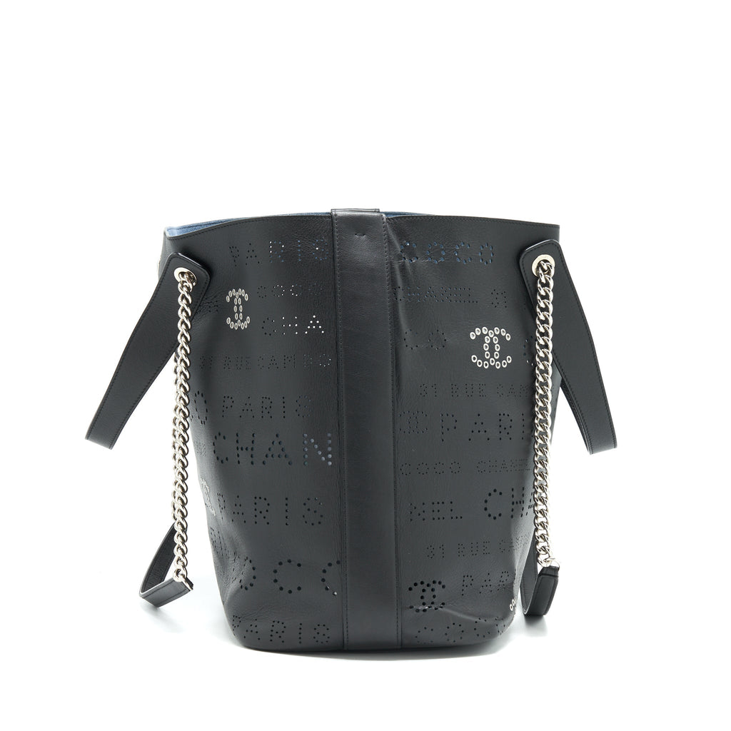 CHANEL EYELET LOGO CALFSKIN TOTE BAG BLACK/ BLUE SHW
