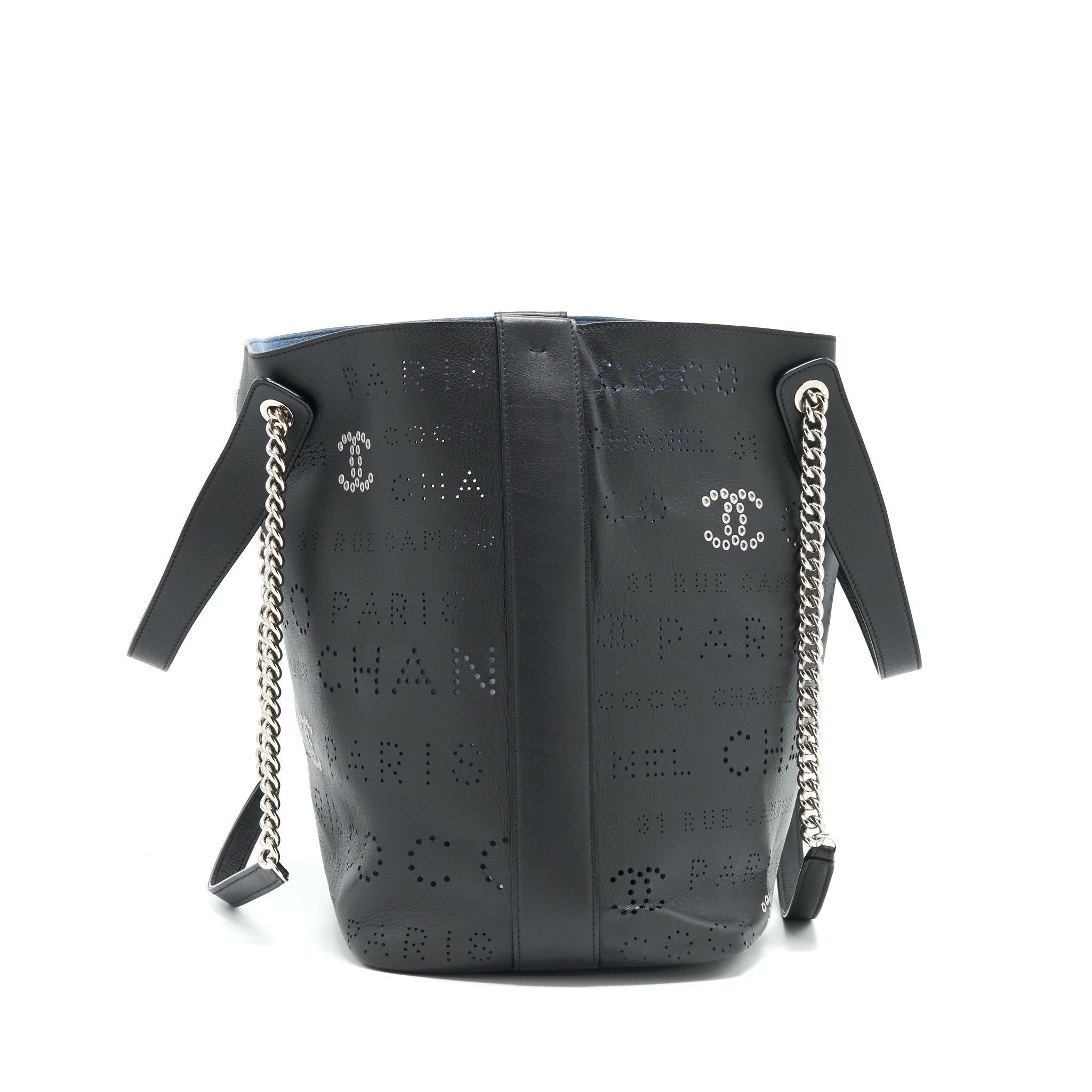 CHANEL EYELET LOGO CALFSKIN TOTE BAG BLACK/ BLUE SHW