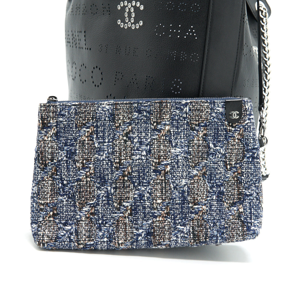 CHANEL EYELET LOGO CALFSKIN TOTE BAG BLACK/ BLUE SHW