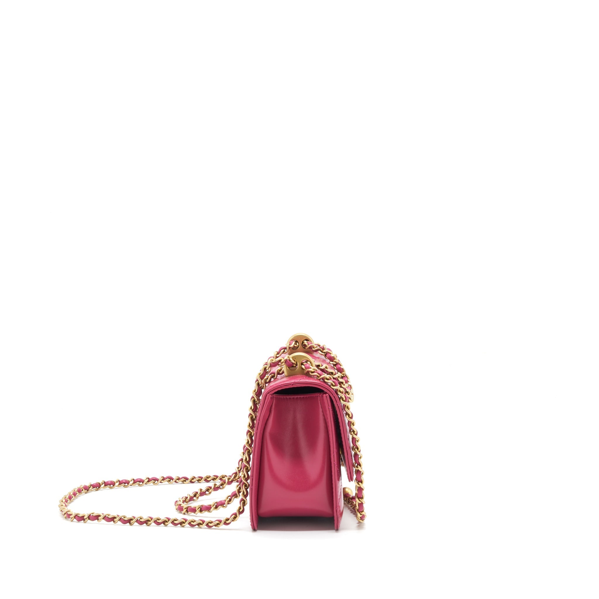 CHANEL 21A SMALL GOLD CRUSH FLAP BAG WITH CHAIN CALFSKIN RASPBERRY PINK GHW (MICROCHIP)