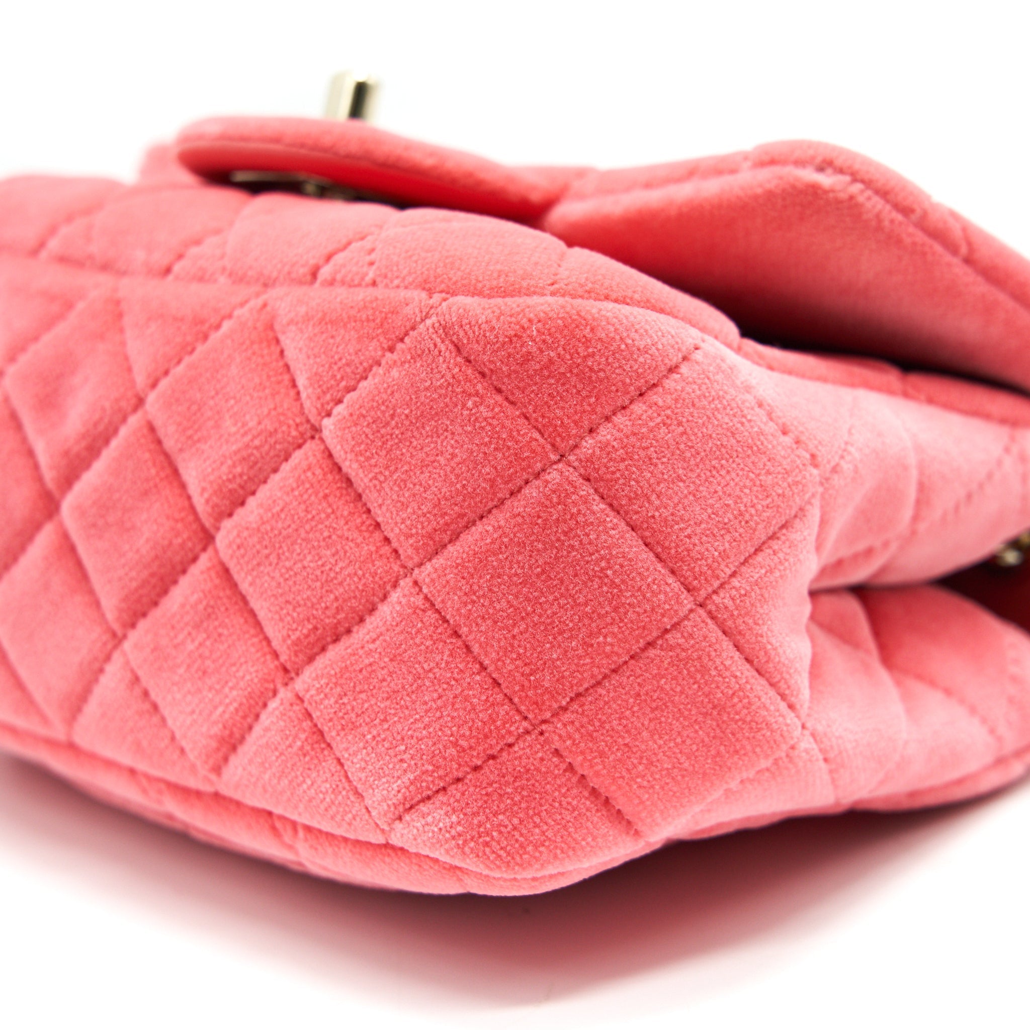 CHANEL VELVET QUILTED MINI SQUARE PEARL CRUSH FLAP BAG PINK