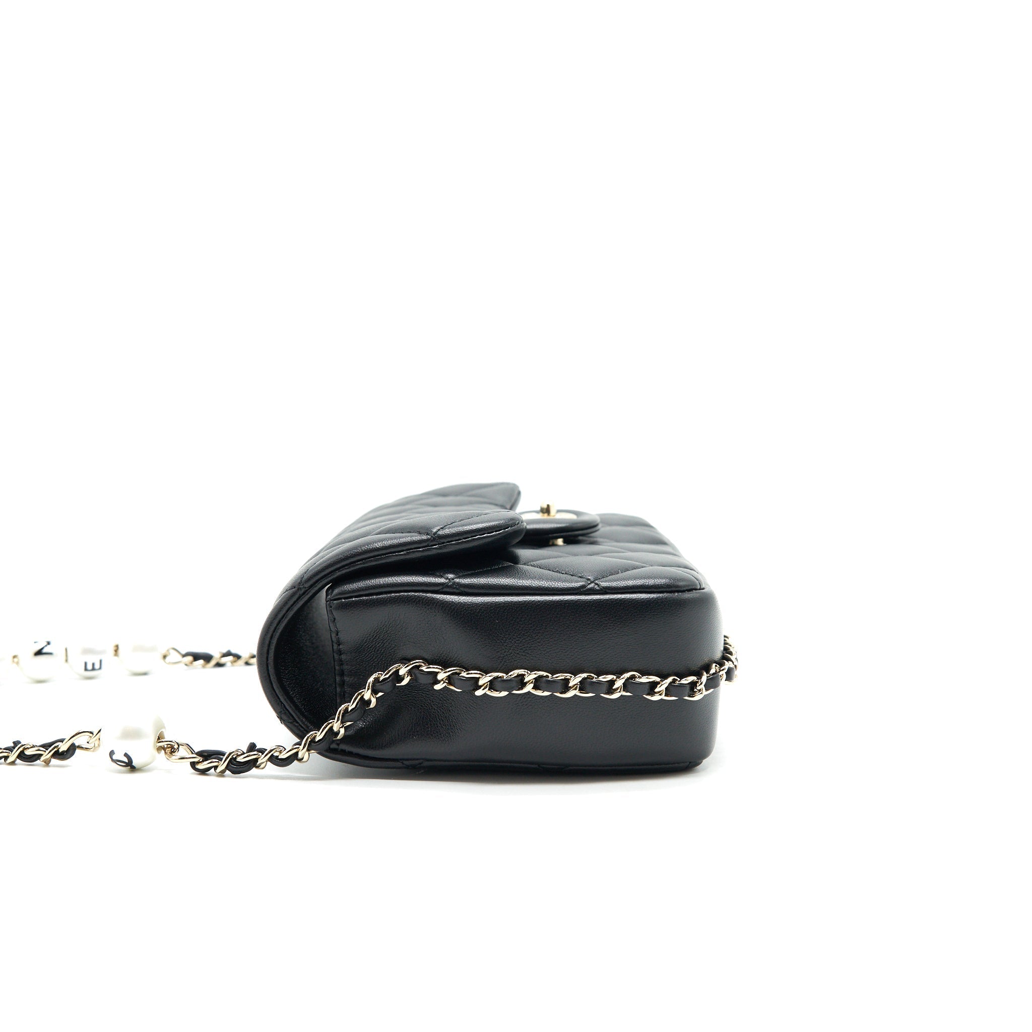 CHANEL LOGO PEARL CHAIN MINI FLAP BAG GHW