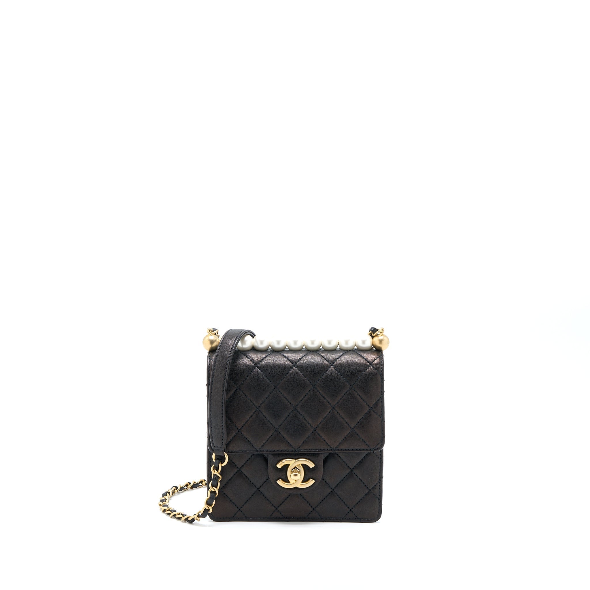 CHANEL VERTICAL PEARL FLAP BAG GOATSKIN BLACK GHW